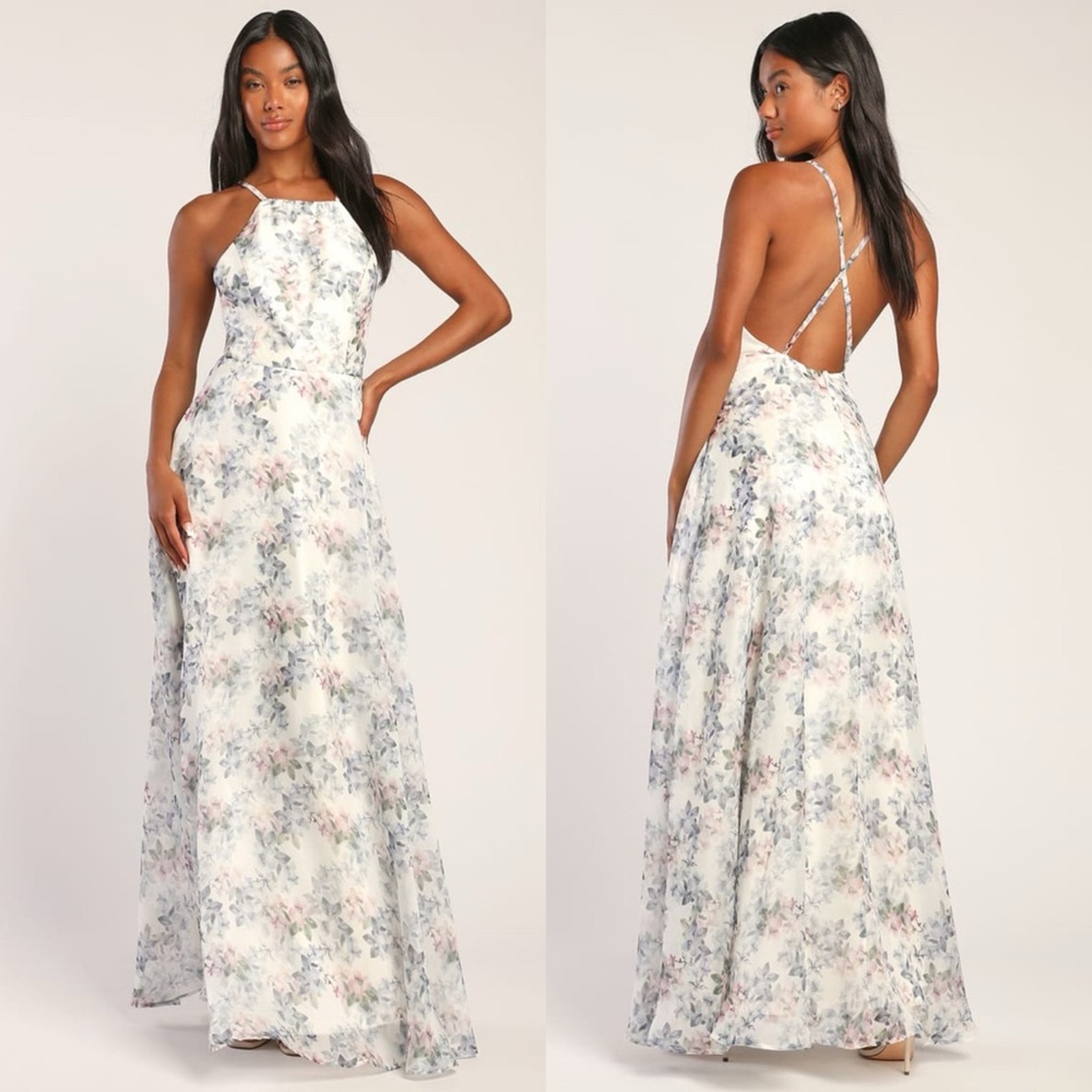 Lulu’s Truly For You Ivory Floral Print Backless Maxi Dress Formal Size Medium