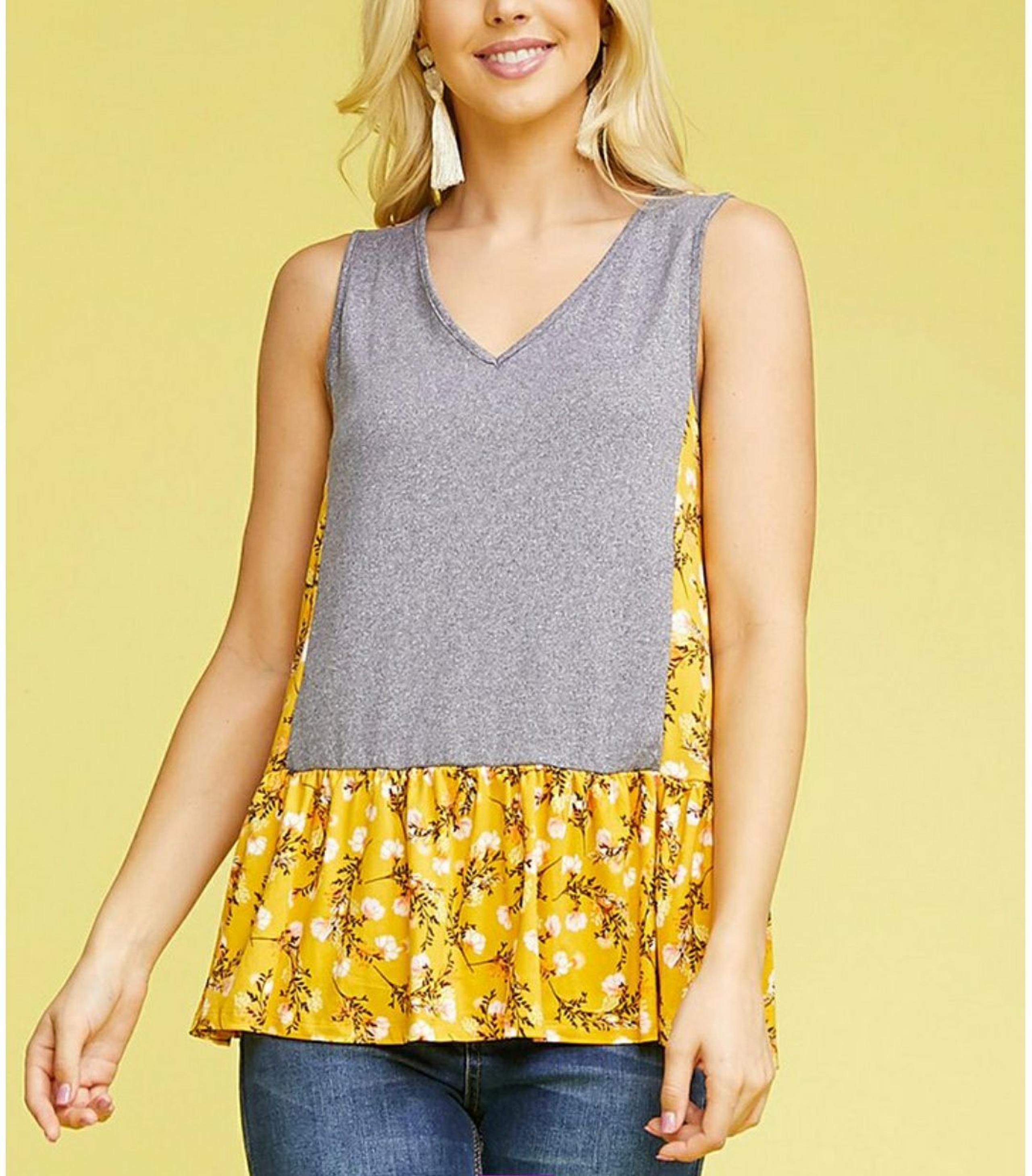 Mustard/gray ruffle-hem sleeveless top