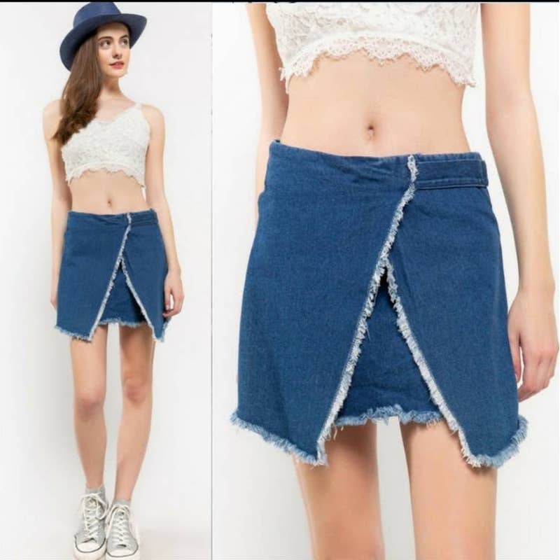 POL frayed hem faux wrap denim mini skirt blue small