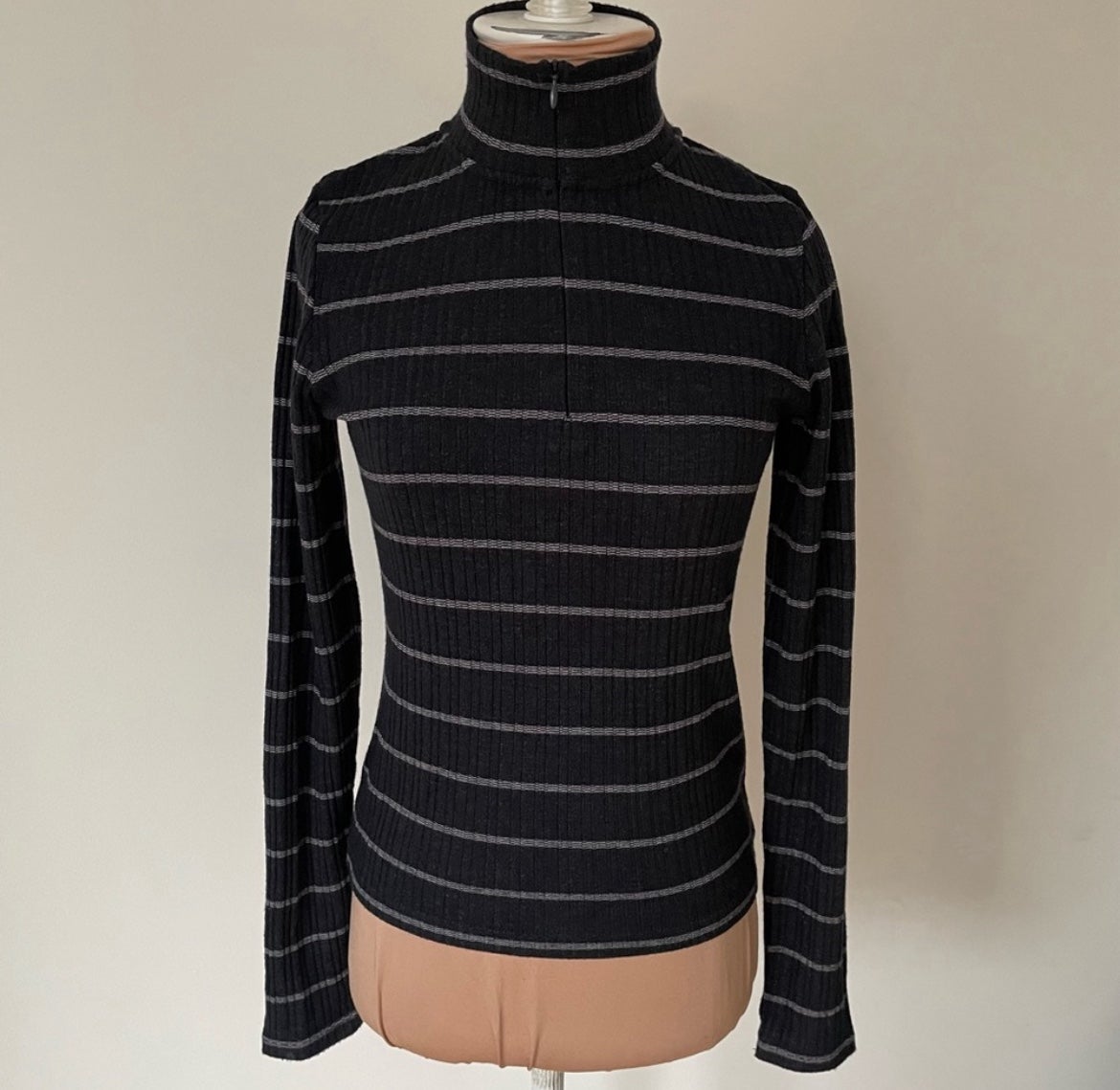 Vince Charcoal Ice Bay White Striped Rib Half Zip Long Sleeve Mock Neck Top XS