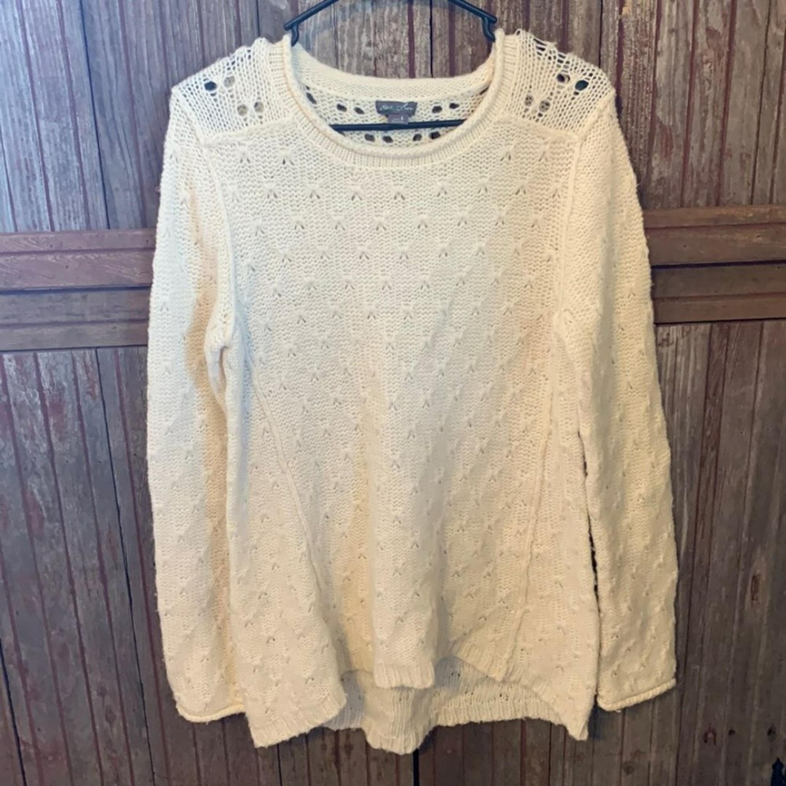Women’s Eddie Bauer Knit Crochet Egg Shell White Crewneck Wool Camel Sweater S