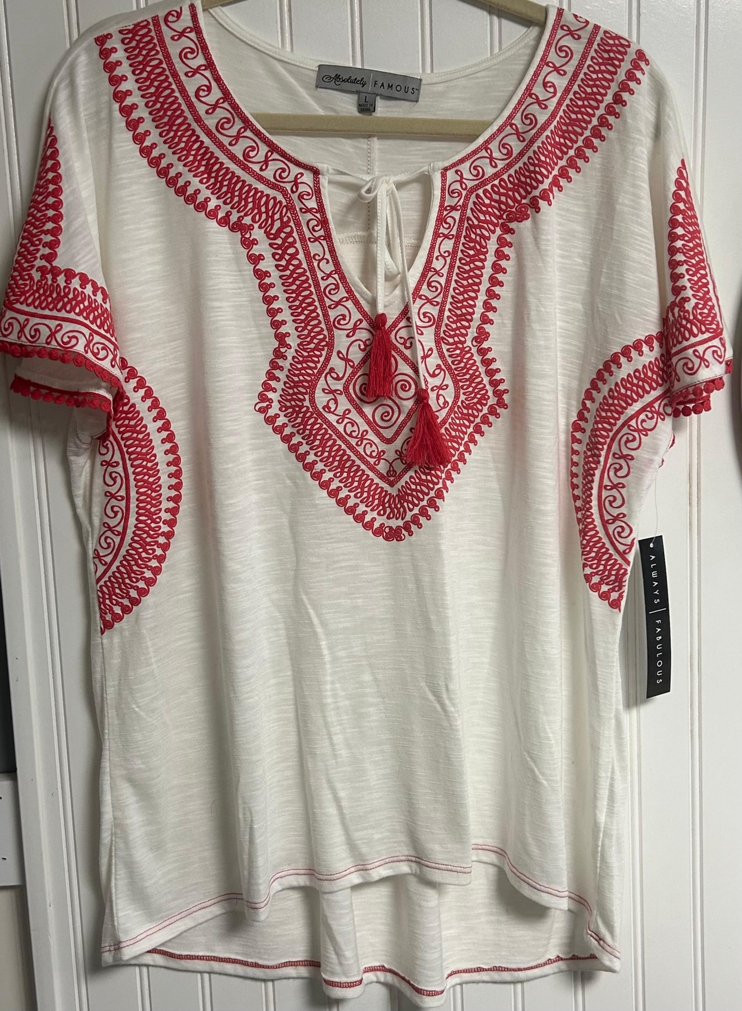 NWT ABSOLUTELY FAMOUS Peasant Style TOP Blouse Sz Large White Red Embroidered
