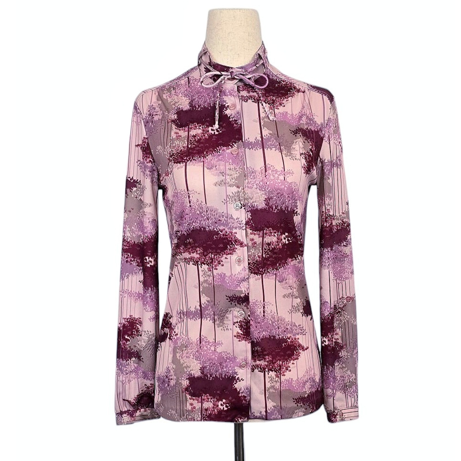 1970s Tree Print Shirt 70s Vintage Blouse Plum Purple Top Button Down XS Small