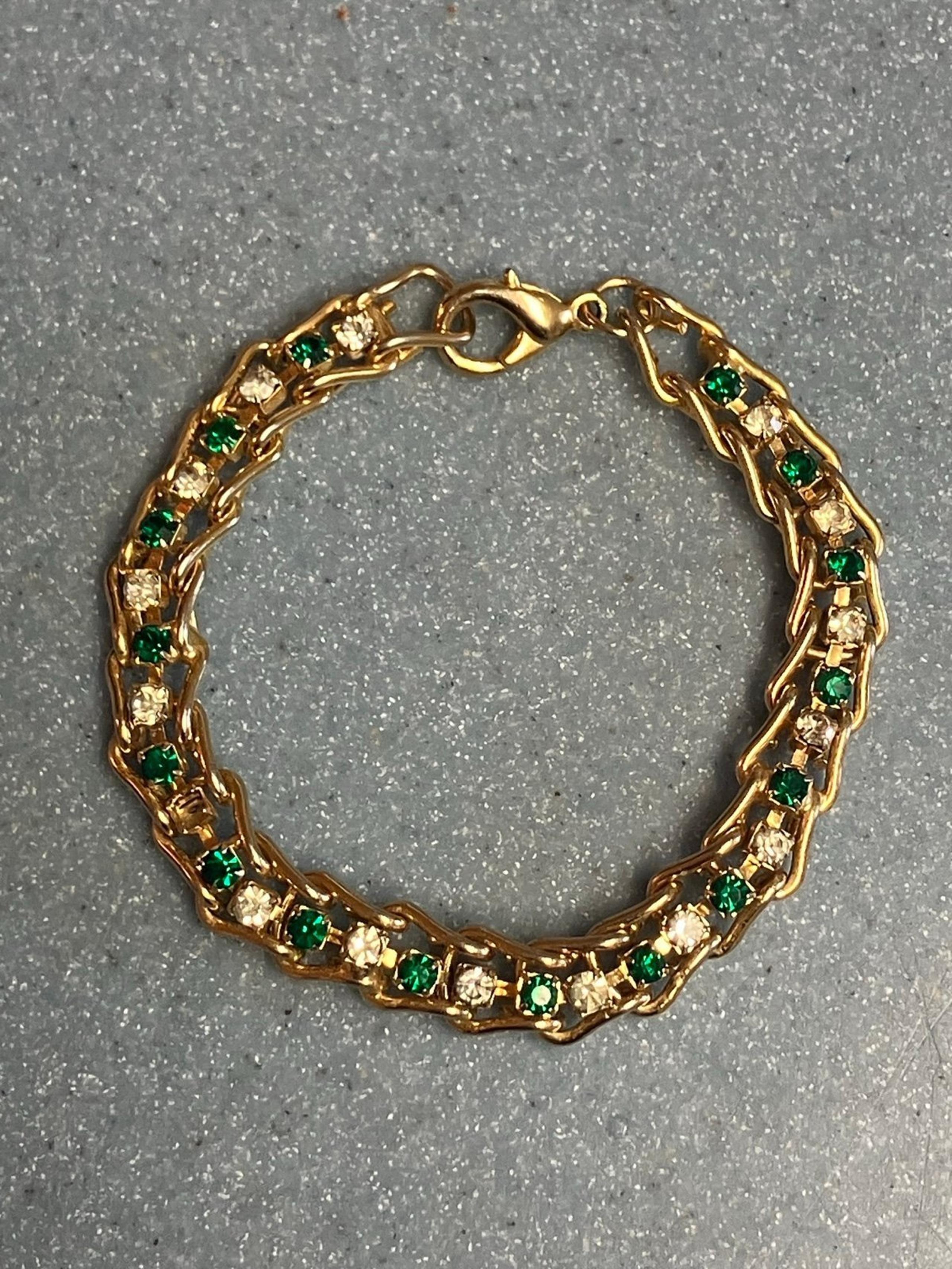 Vintage Estate 14K Gold Green Emerald Diamond Gemstone Bracelet