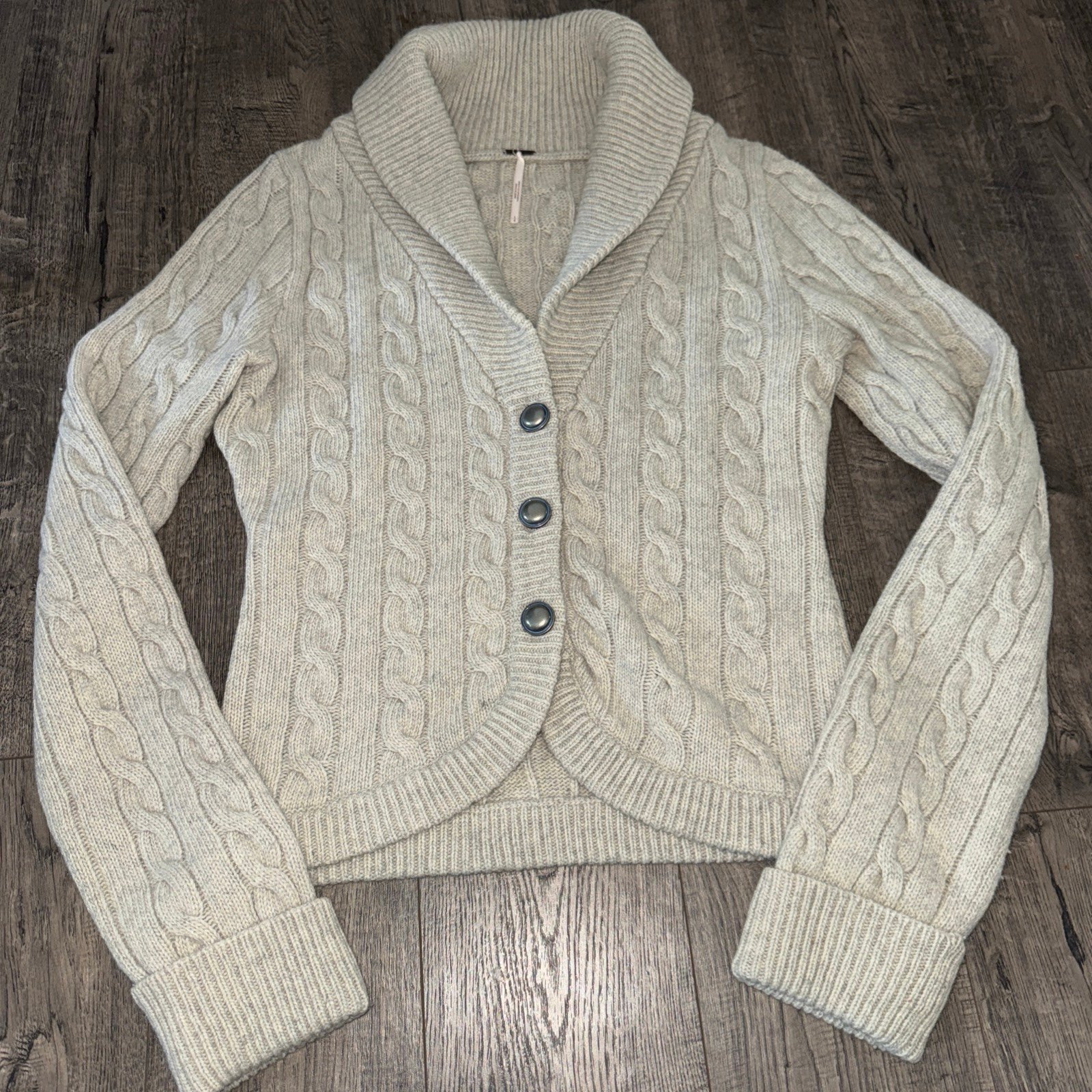 Free People Viceroy Short Cable Knit Wool Blend Gray Cardigan Size L Large Y2K