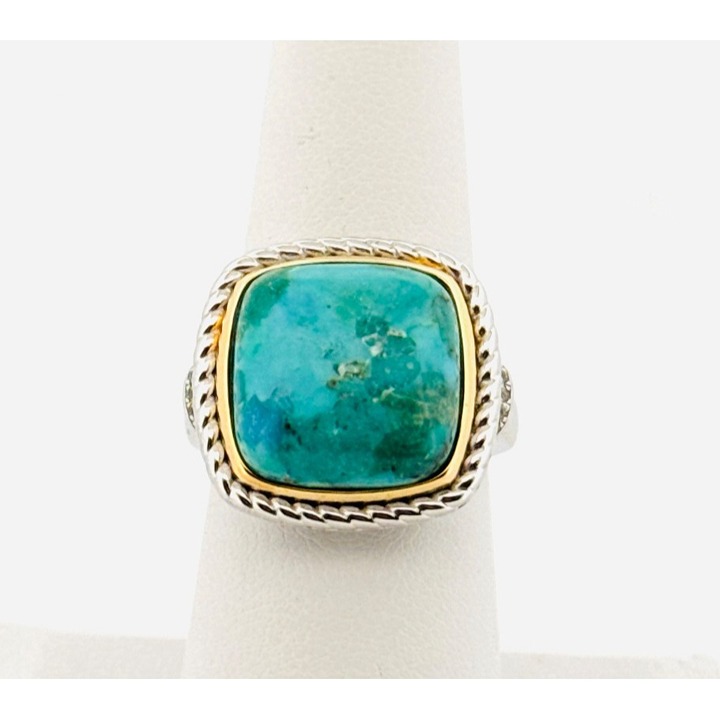 Estate Blue Turquoise 925 & 14k Gold Over Silver Two-Tone Statement Ring Sz 7