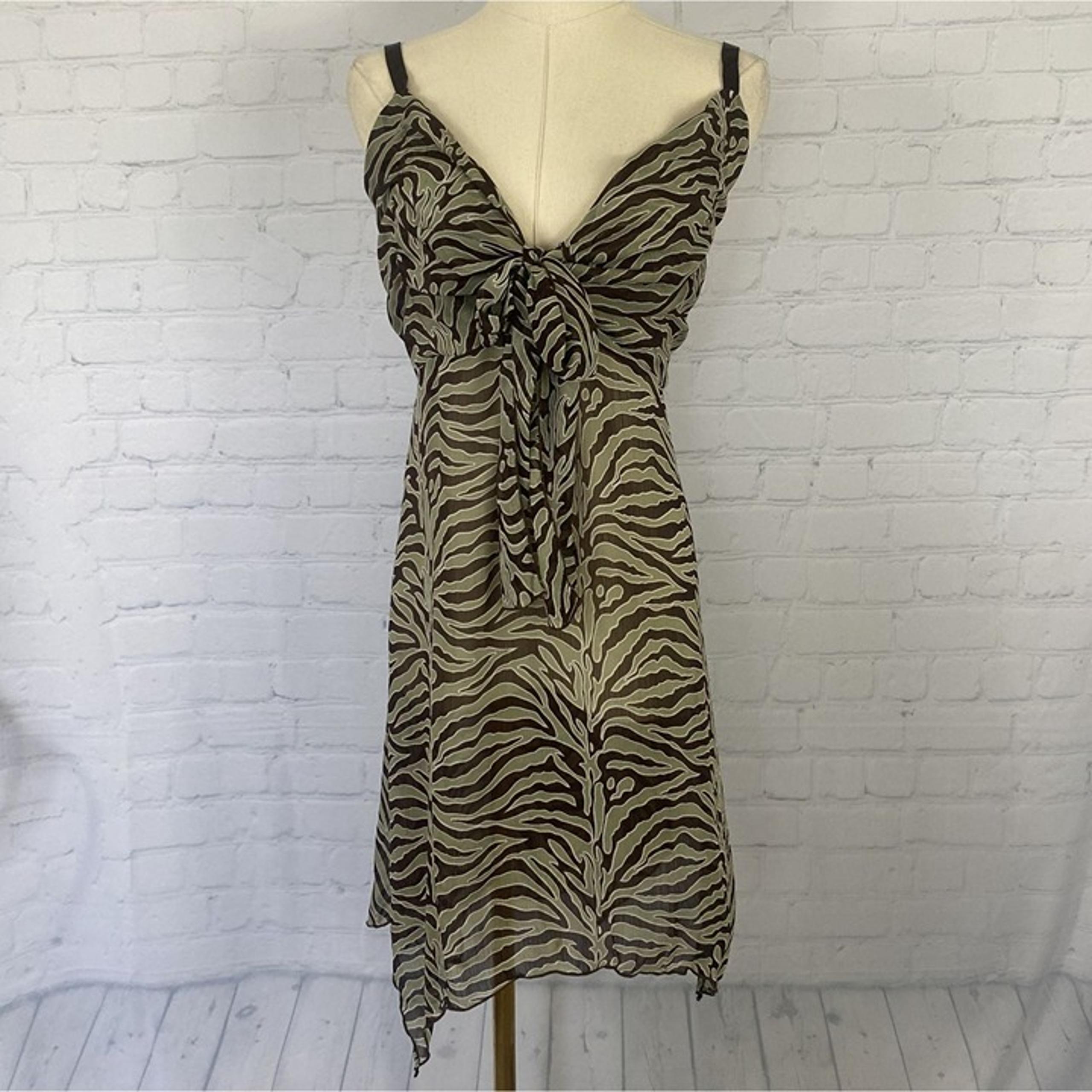 Vintage 90s Kaelyn Max XL Zebra Stripe Brown Green Sheer Slip Dress Adjustable S