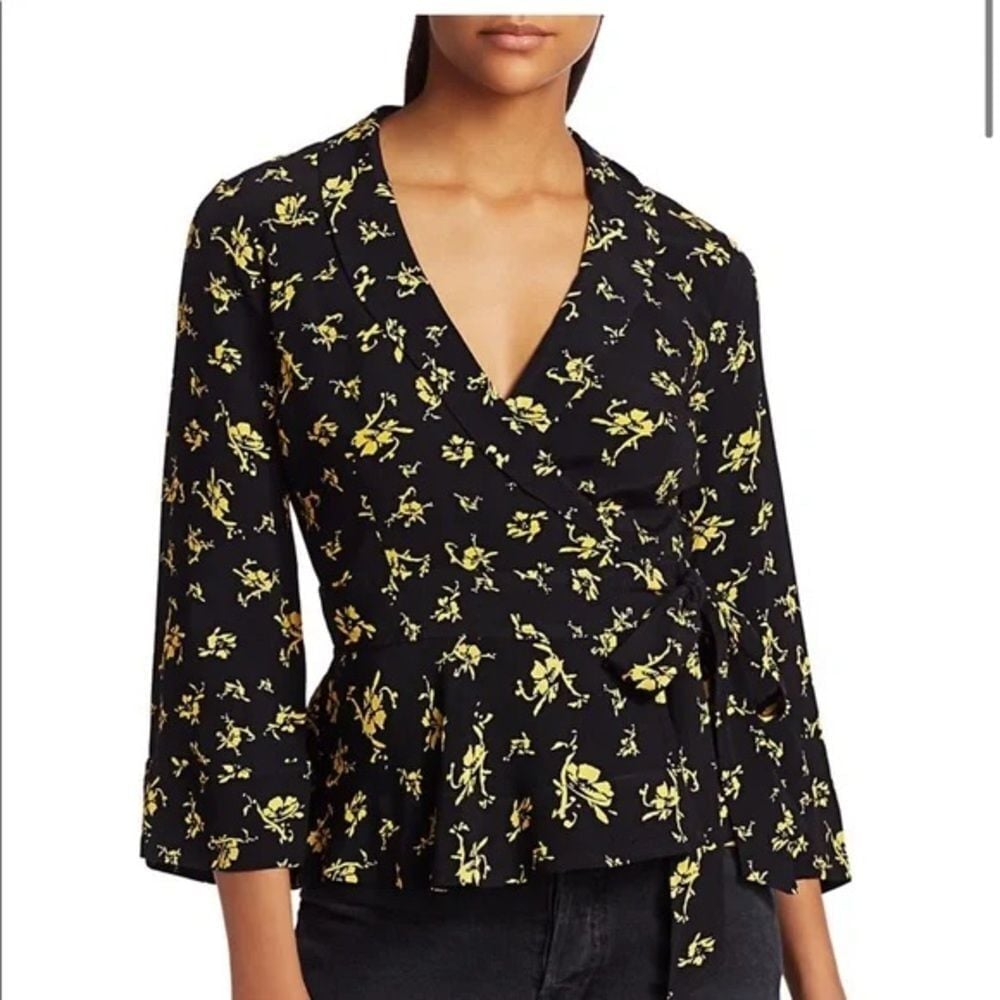 GANNI Women's Floral Wrap Top Long Sleeve Crepe Black Blouse- Size XS