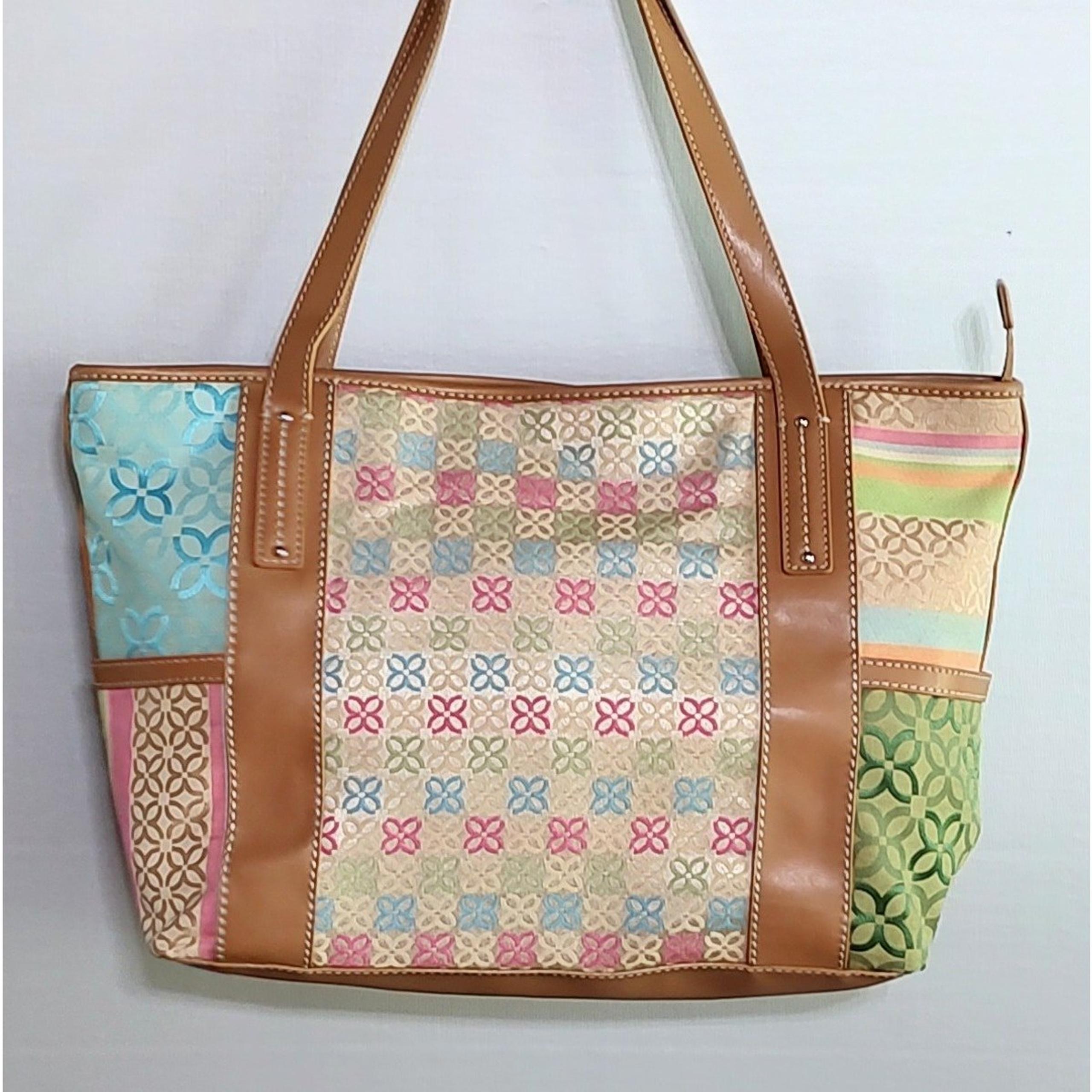 Relic by Fossil Canvas Multicolor Filagree Patchwork Tote Bag, Faux Leather Trim