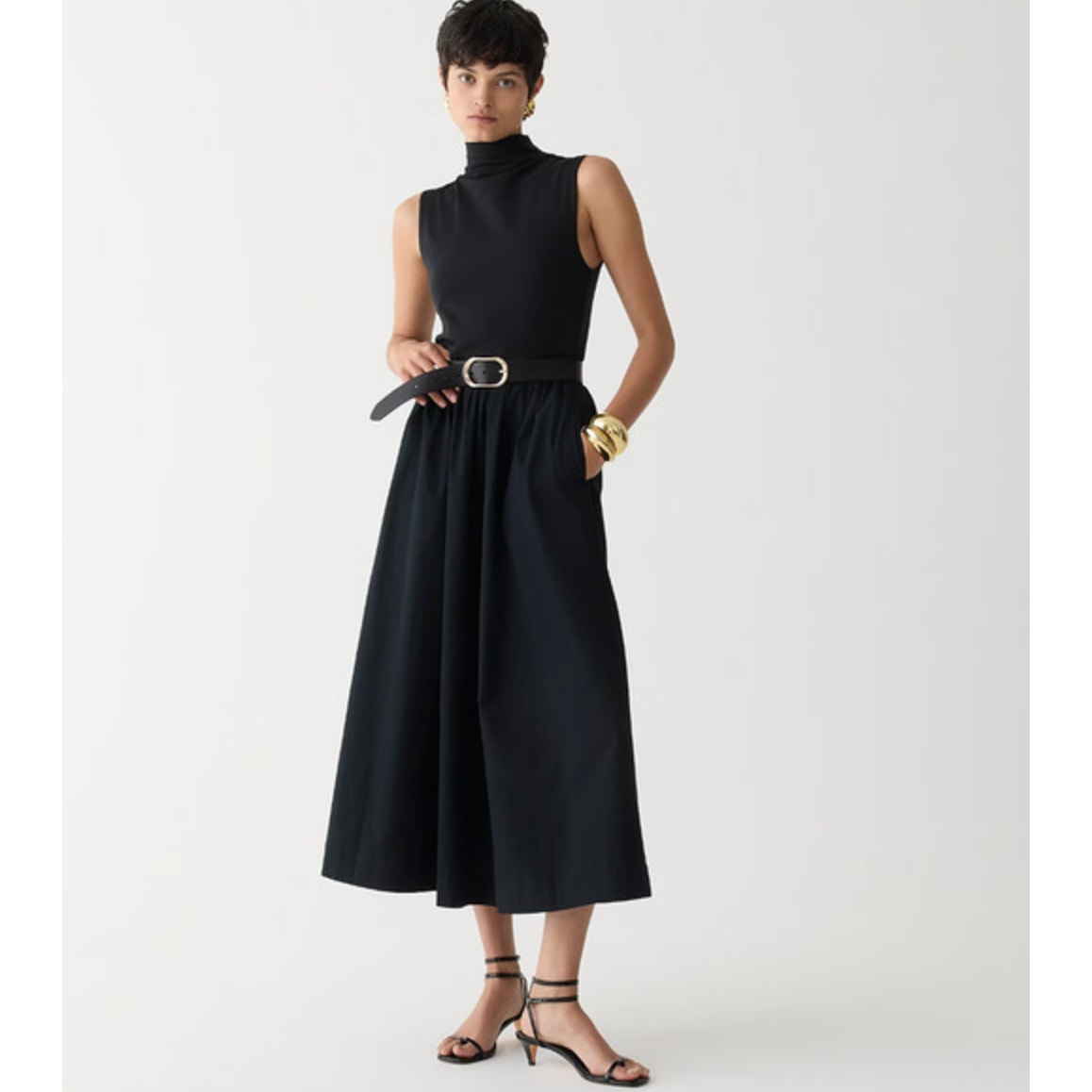 J.Crew Fitted Knit Mockneck Dress Poplin A Line Skirt Black Minimalist XS NWT