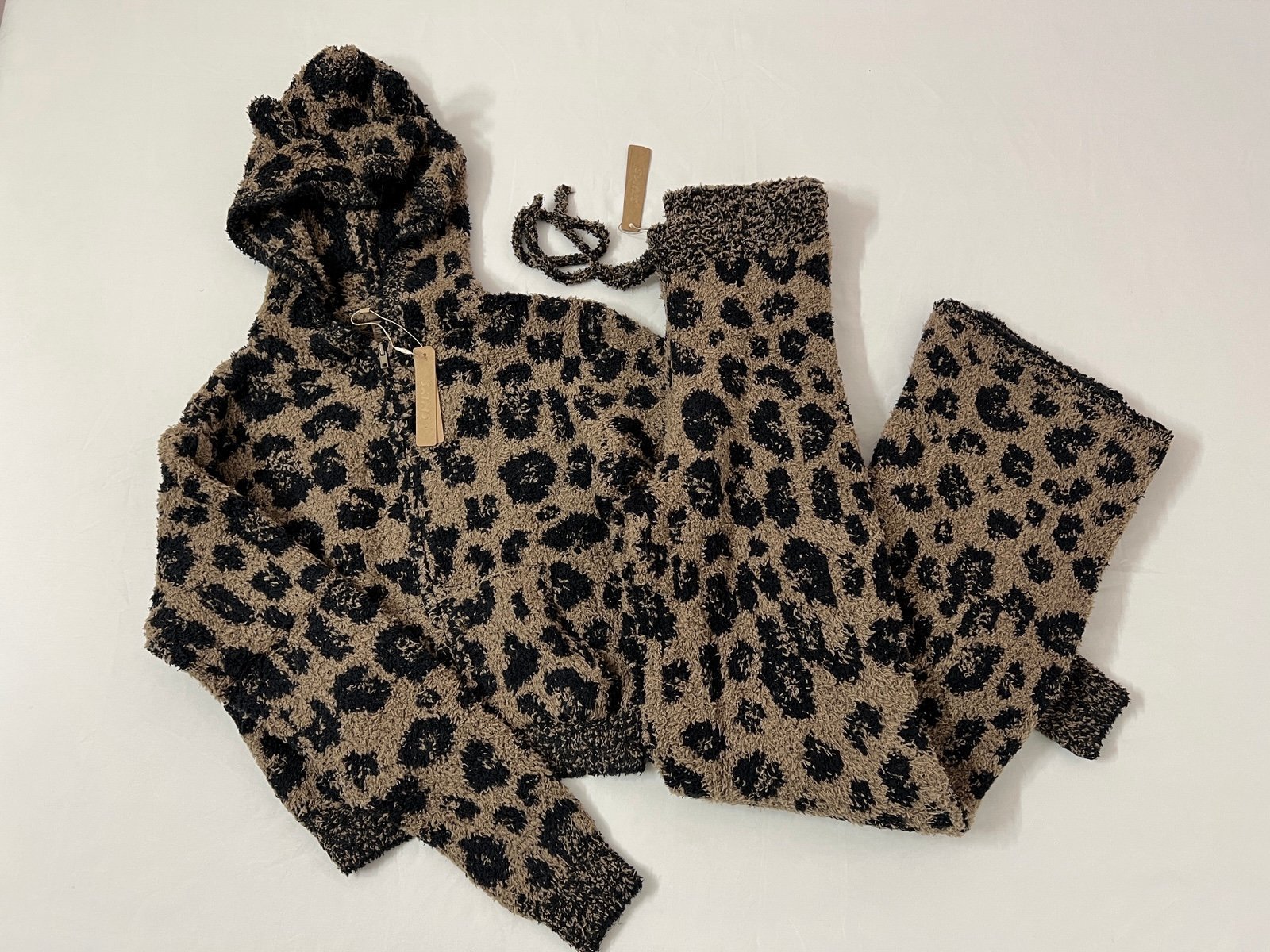 SKIMS Cozy Knit Leopard Full Zip Up Hoodie Jacket + Wide Leg Flare Pants Pant