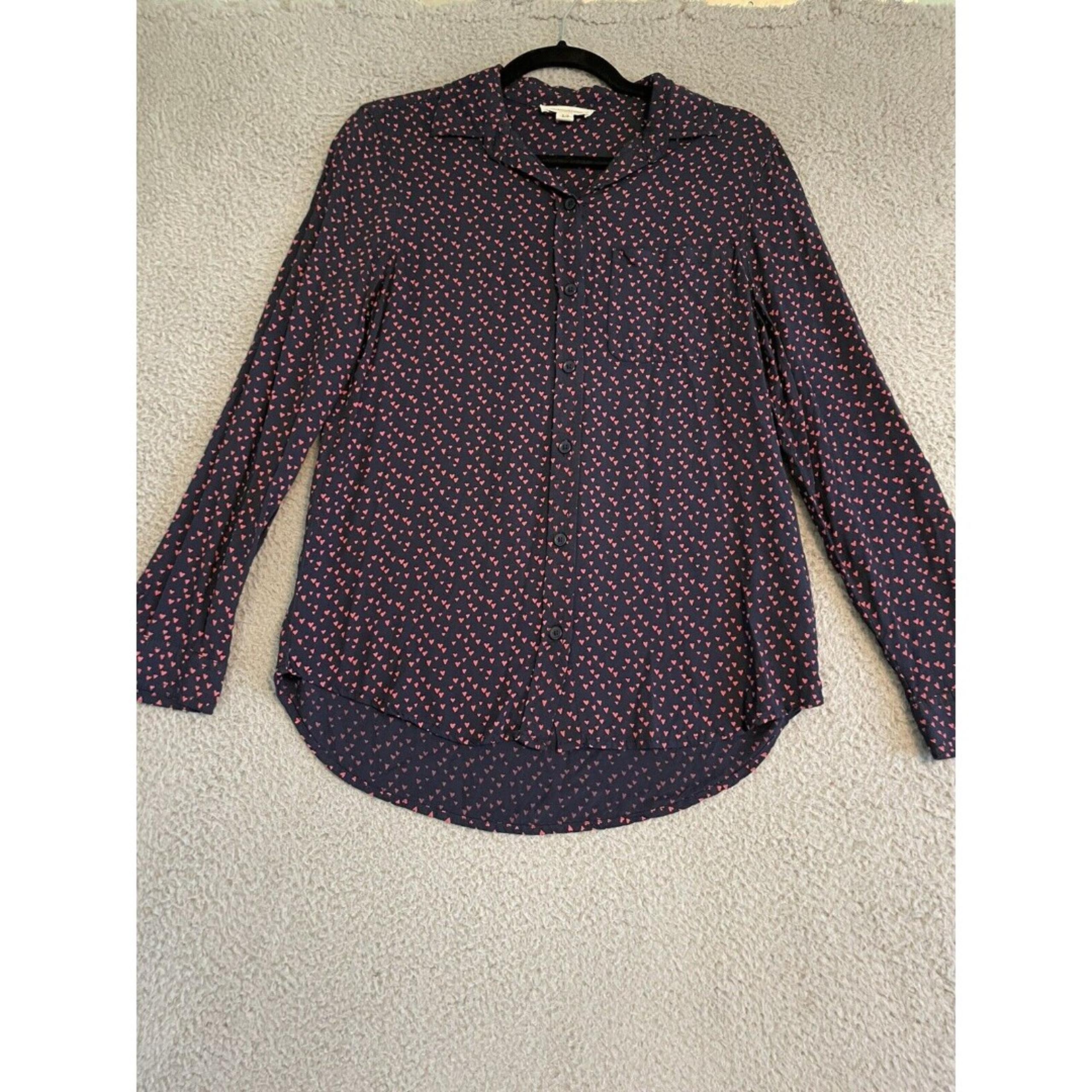 Blouse Womens Button Up Heart Print Navy Womens Small - Beach Lunch Lounge