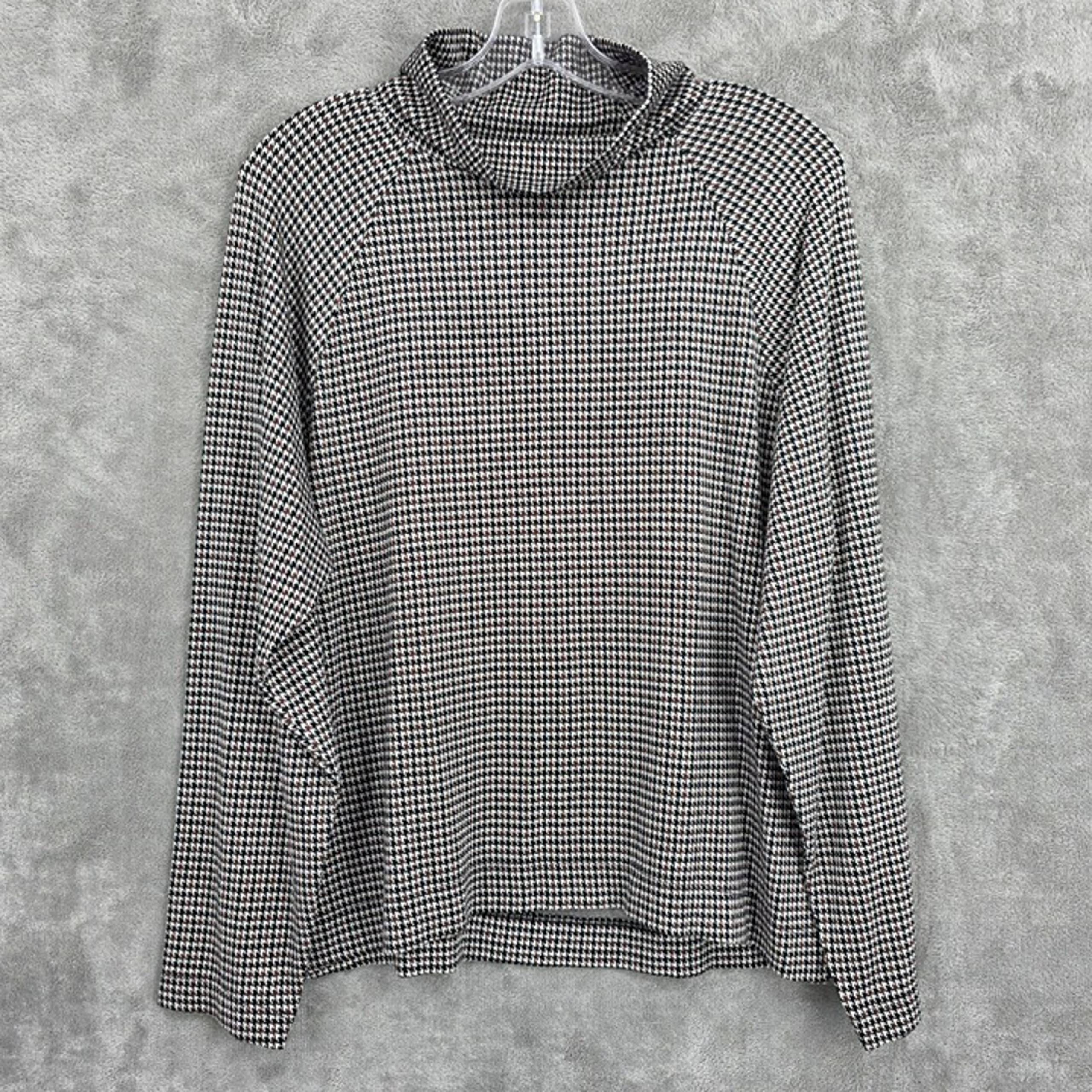 Lou & Grey LOFT Houndstooth Turtleneck Mock Top M Black Brown Raglan Sleeve Boxy