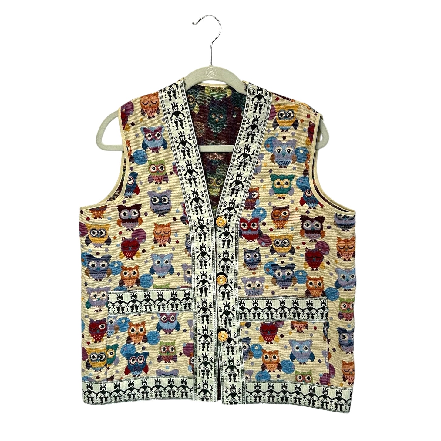 No Brand Handmade Owl Print Vest Vintage Sz M/L Multicolor Button Front Rare