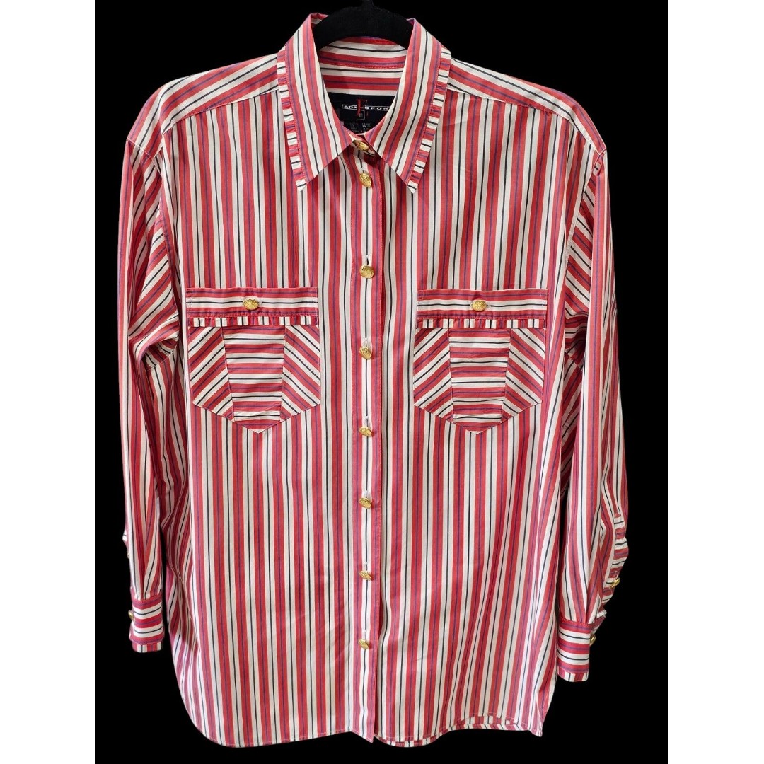 Vintage 90s Escada Sport Shirt Womens M Striped Gold Logo Buttons Pockets Blouse