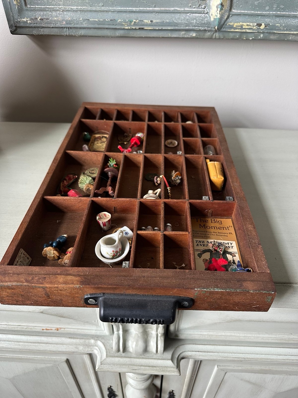 Antique Hamilton printing tray with miniatures