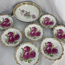 Antique Berry Bowl Set Pink Roses Scalloped Gilt Edge 8 Pieces No Markings