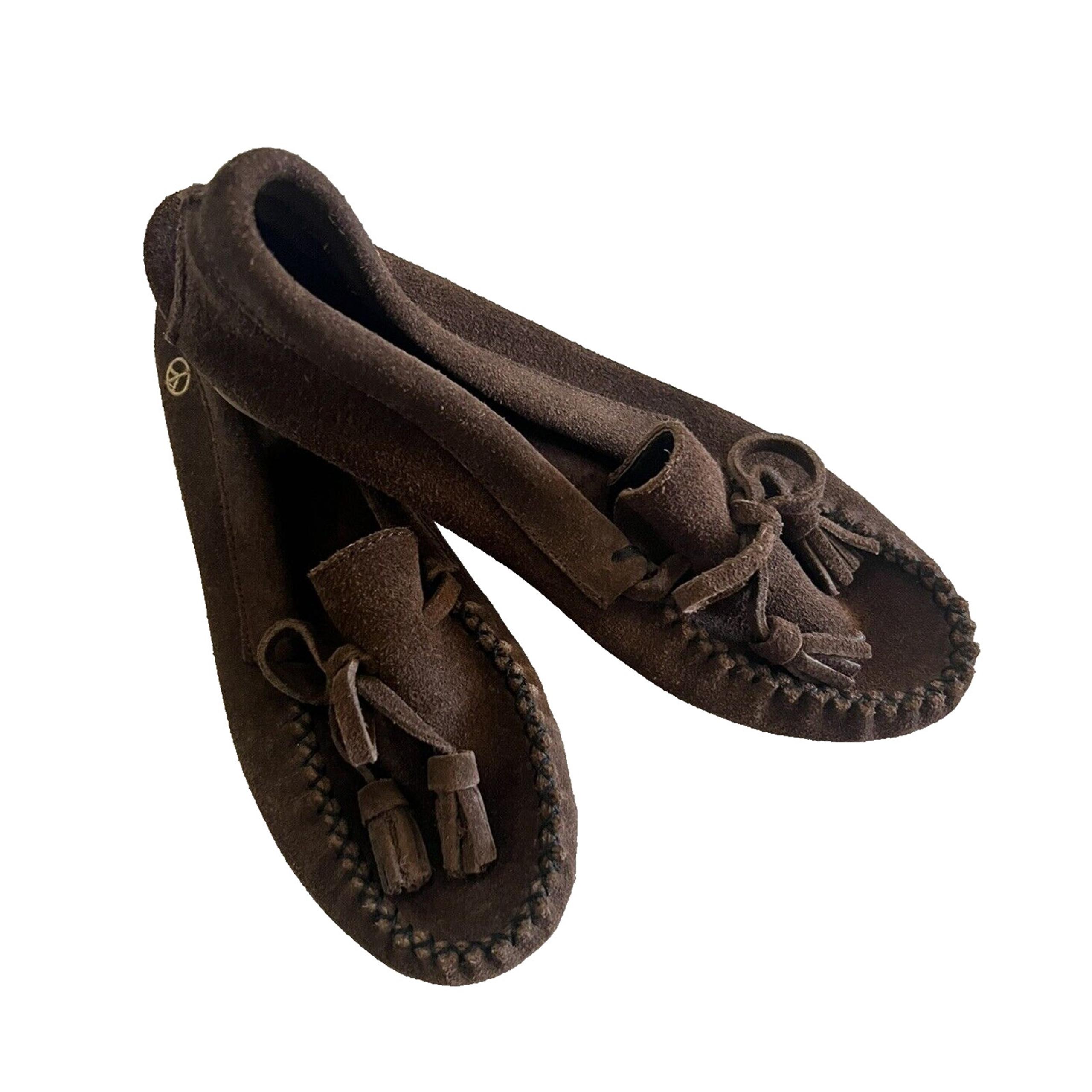 Peace Moccasins Shoes Womens 6.5 Doris Slip On Brown Leather Fringe Casual