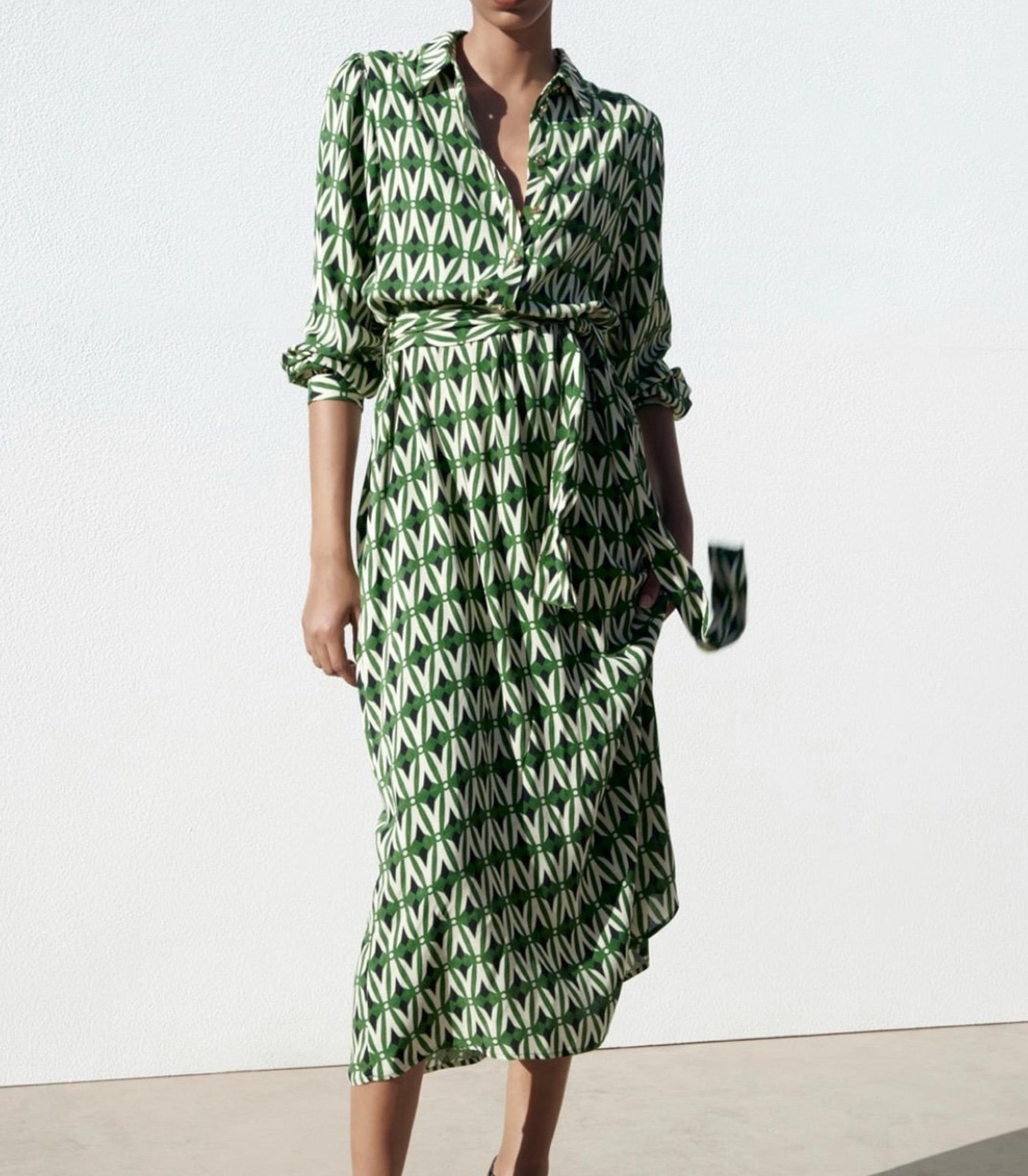 NEW Zara women’s green print belted shirt style midi dress size medium 8 10