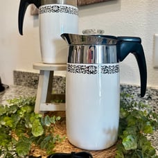 Rare Vintage Corning Ware Platinum Filigree 10 & 6 Cup Electromatic Percolators