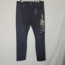 Ed Hardy Mens 38x32 Black Denim Slim Jeans Embroidered Skull Snake Panther NWT