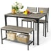 4pcs Dining Table Set Rustic Desk 2 Chairs & Bench w/ Storage Rack Grey