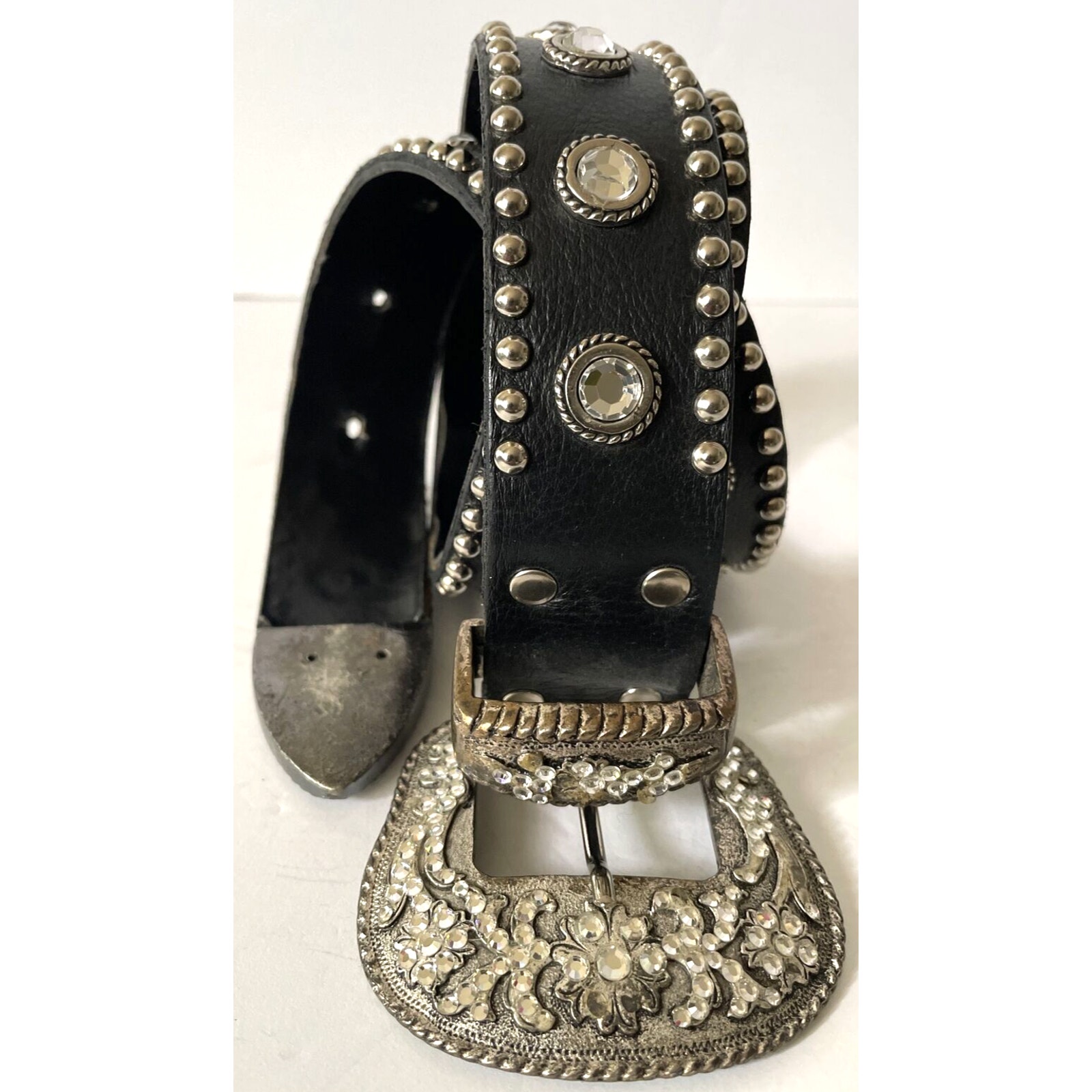 Cache Black Vintage Leather Rhinestone Buckle Size M pre-owned