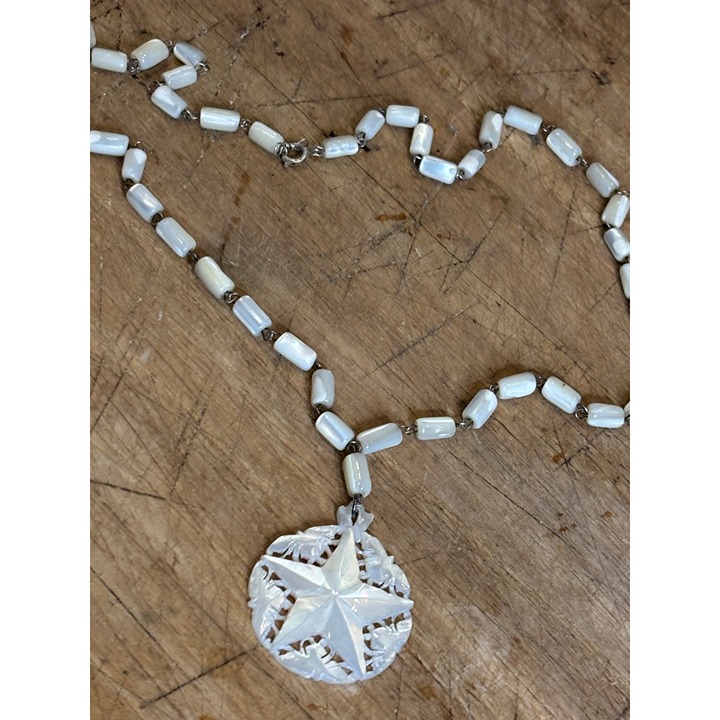 Hand-Carved Mother Of Pearl Star Pendant Necklace With White Beaded Chain