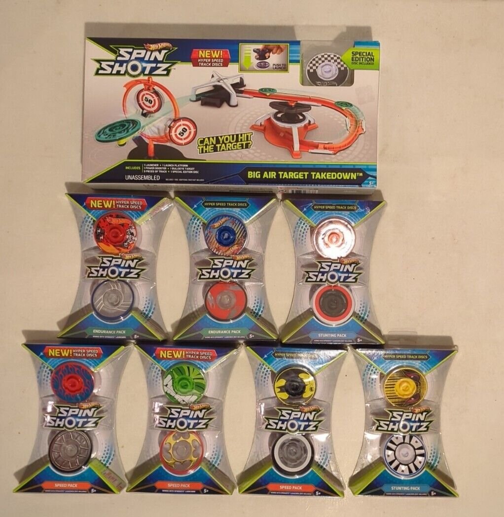 Hot Wheels Spin Shotz Big Air Takedown & 7 Hyper Speed Track Discs Sets All New!