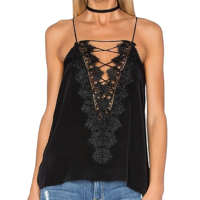 Cami NYC M Black Laced Front Applique Accent Tank Cami Velvet