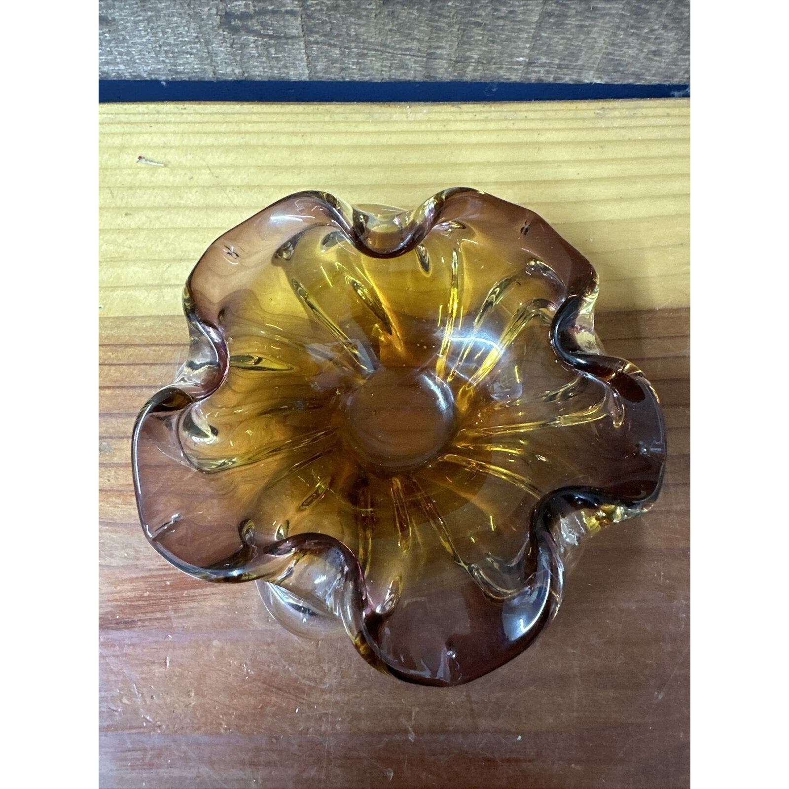 Murano Style Art Glass Purple Orange Flower Trinket Dish