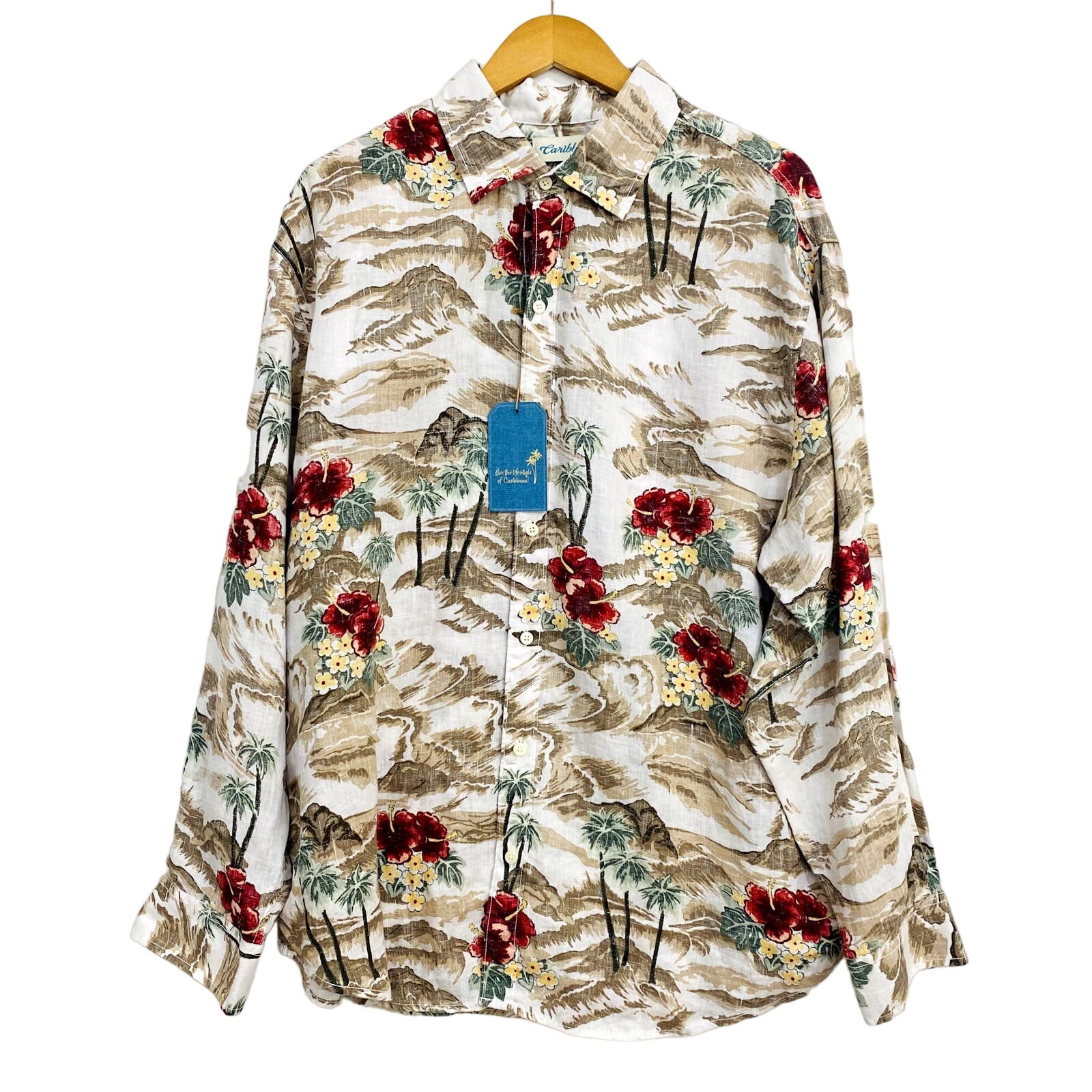 Caribbean Shirt Men's XL Tan Floral 100% Linen Long Sleeve Vintage Retro 80s