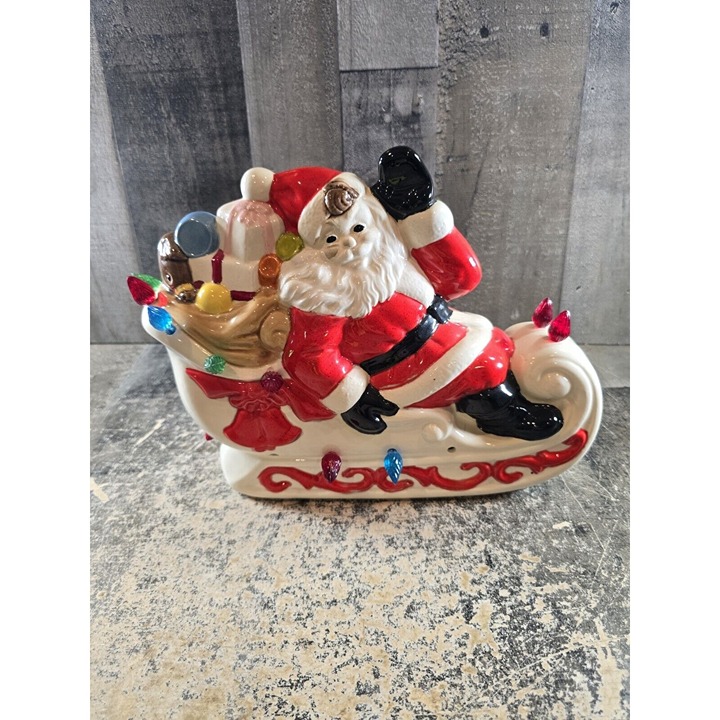 Ceramic Santa On A Sleigh Christmas Decor Woth Lights Vintage