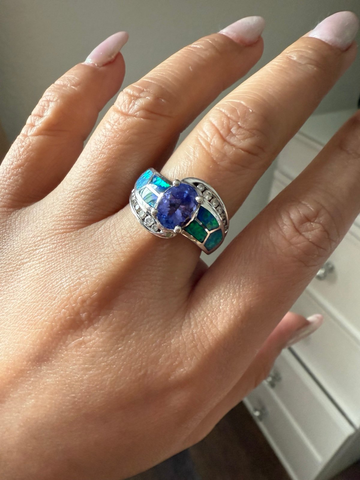 14k white gold tanzanite opal ring