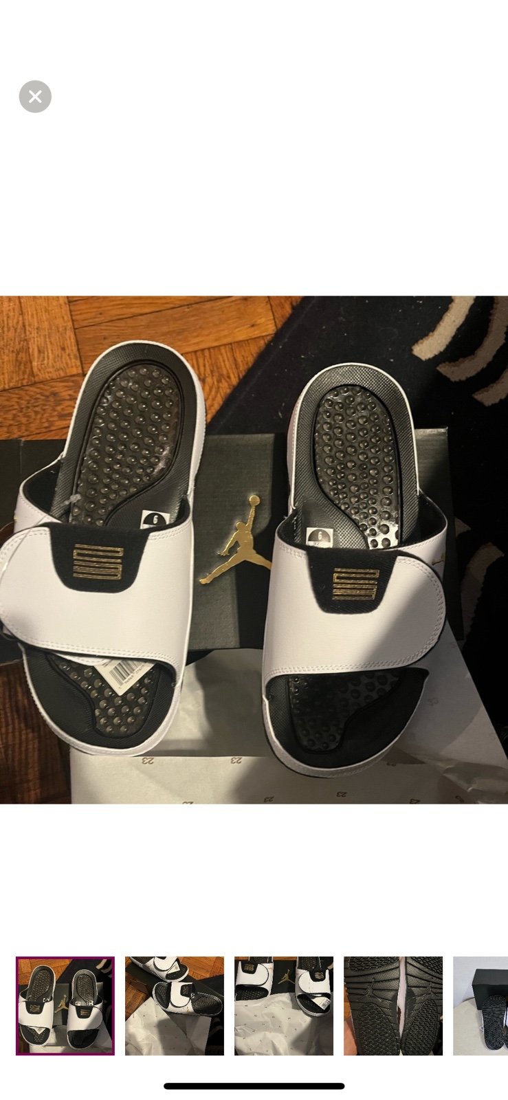 Jordan hydro slides white black metallic gold size 9