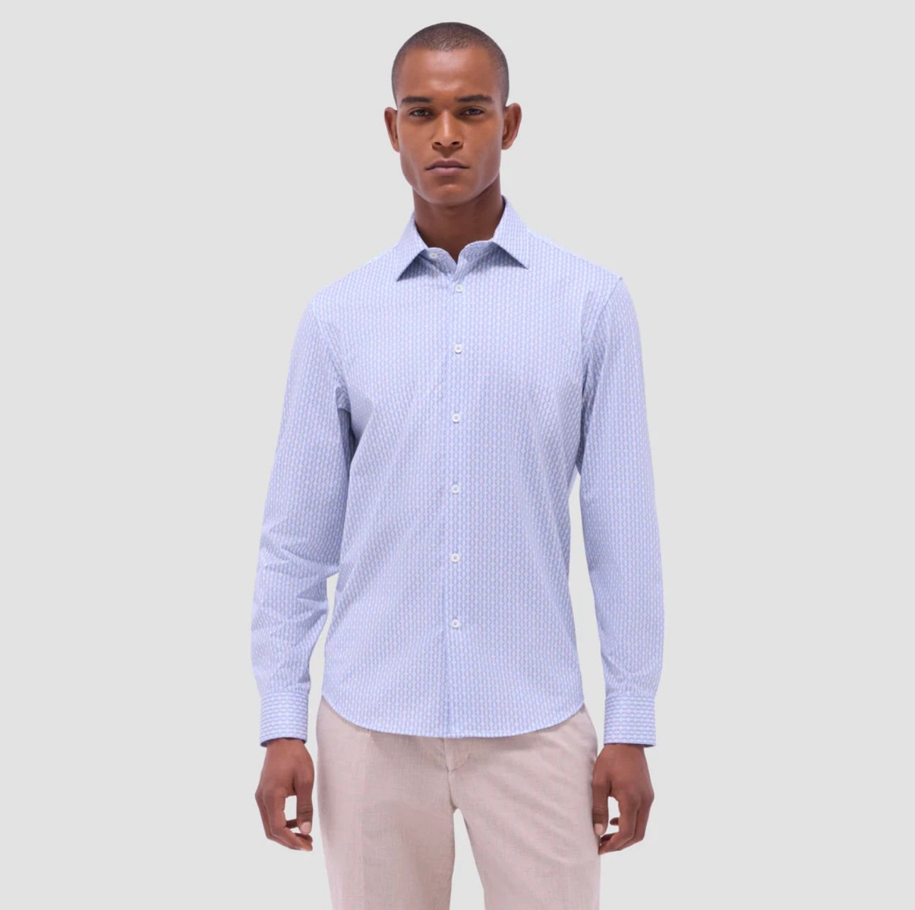 Men’s Bugatchi Uomo blue paisley stripe button down long sleeve dress shirt.