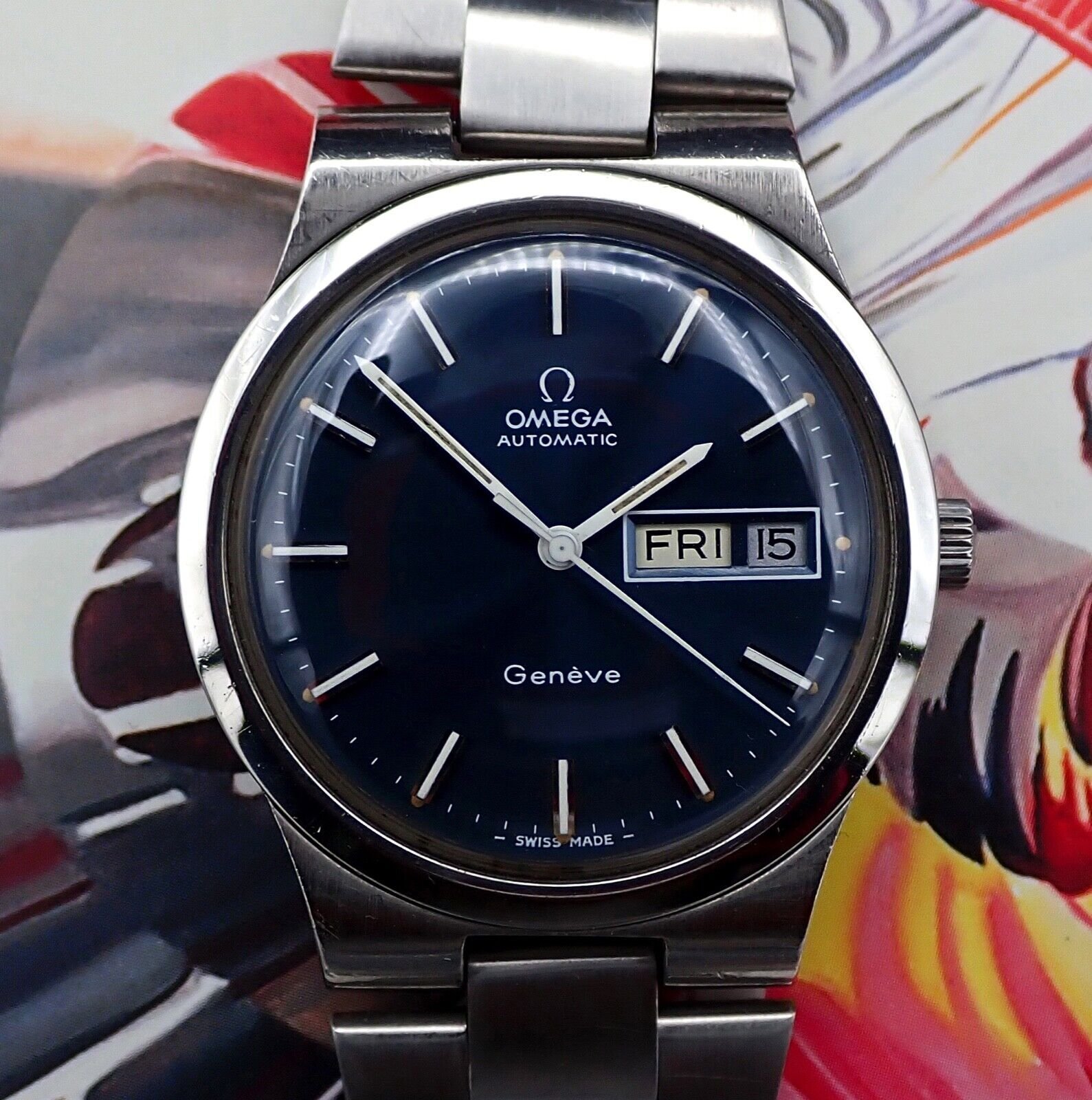 Vintage 1970s Steel Omega Genève Day-Date Auto cal. 1022 w/Beautiful BLUE Dial