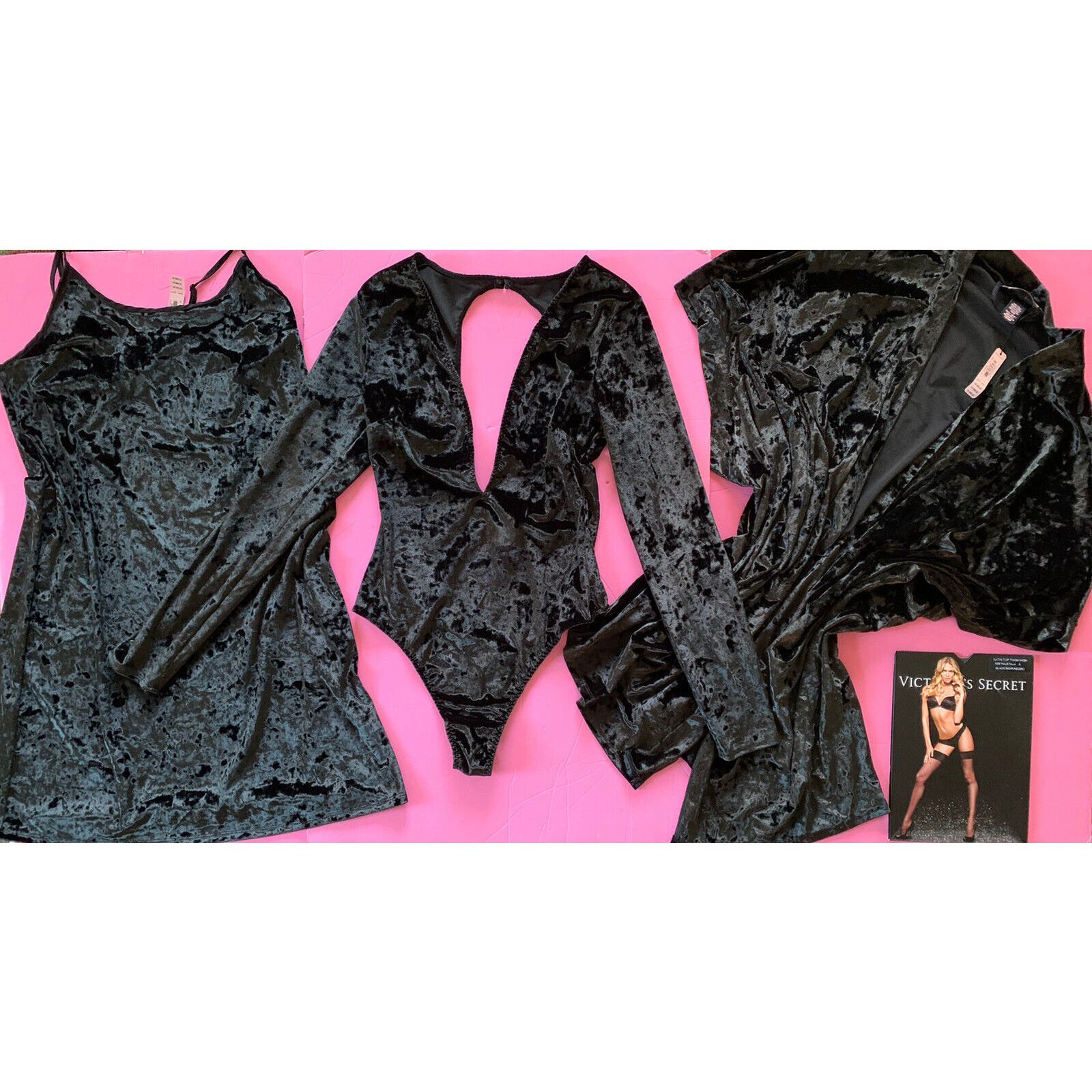 Victoria's Secret XS/S TEDDY+SLIP+KIMONO+thigh-highs crushed velvet velour BLACK