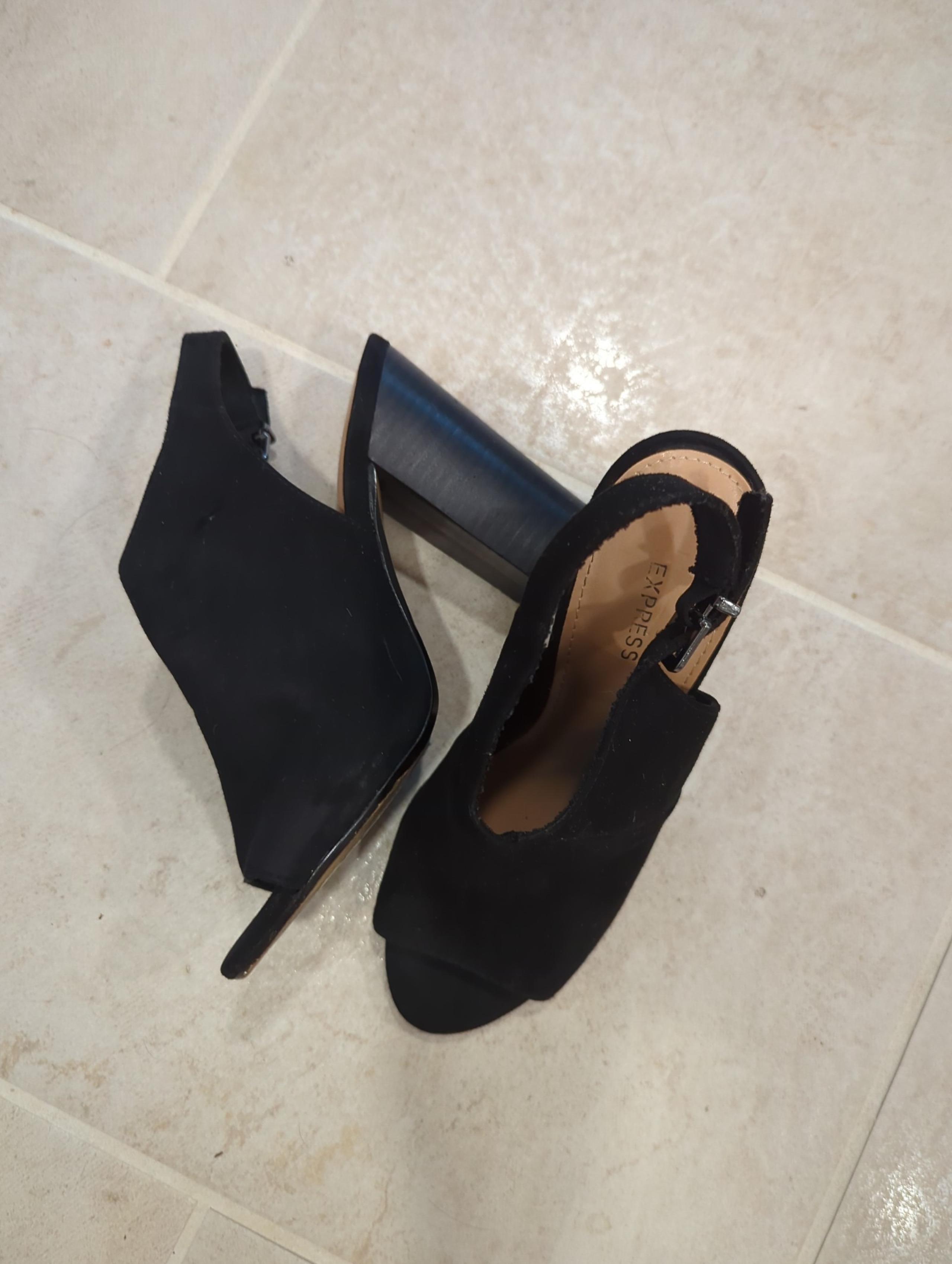 Black Suede Express Peep Toe Block Heels 7