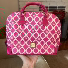 Dooney & Bourke leather zip zip satchel in pink and white lattice
