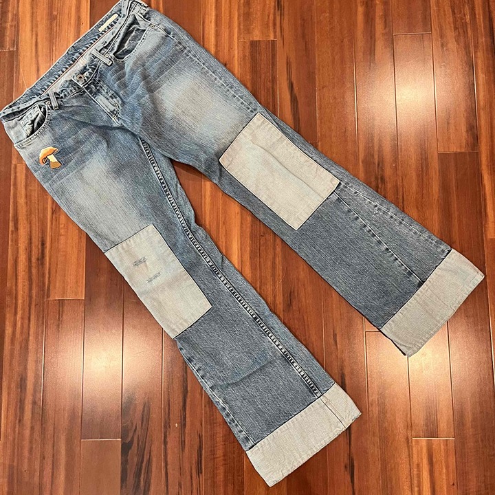 Vintage Chip Pepper Blue Denim Jeans Pants Mushroom Patchwork Flare Leg Size 31