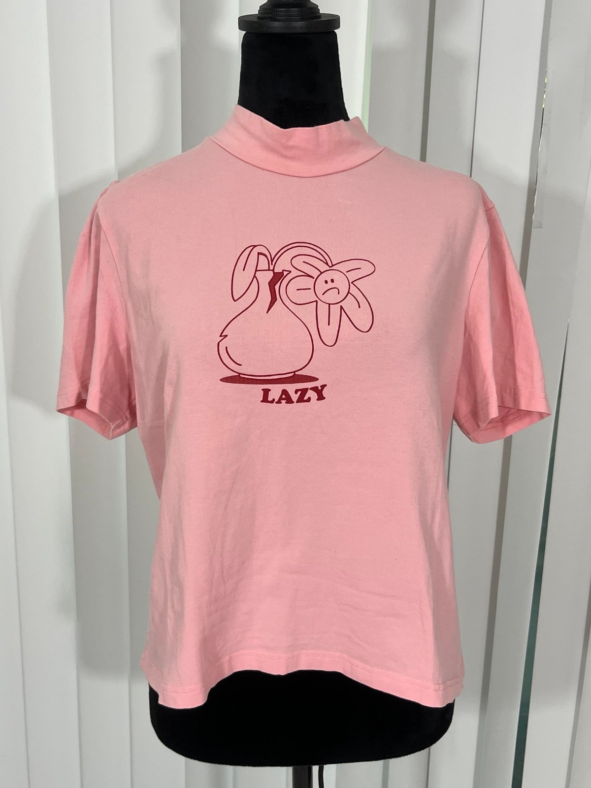 LAZY OAF Wilted Flower Mock Neck Fitted Babydoll T-Shirt Tee Top Pink UK 18/US 1
