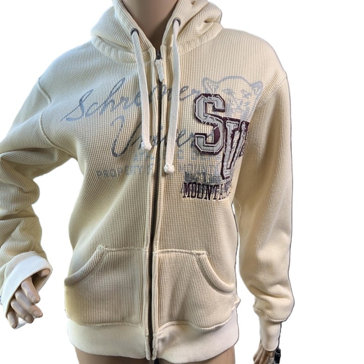 JAmerica Cream ZipUp Drawstring Hood Front Pockets Graphic Print Hoodie Size XS