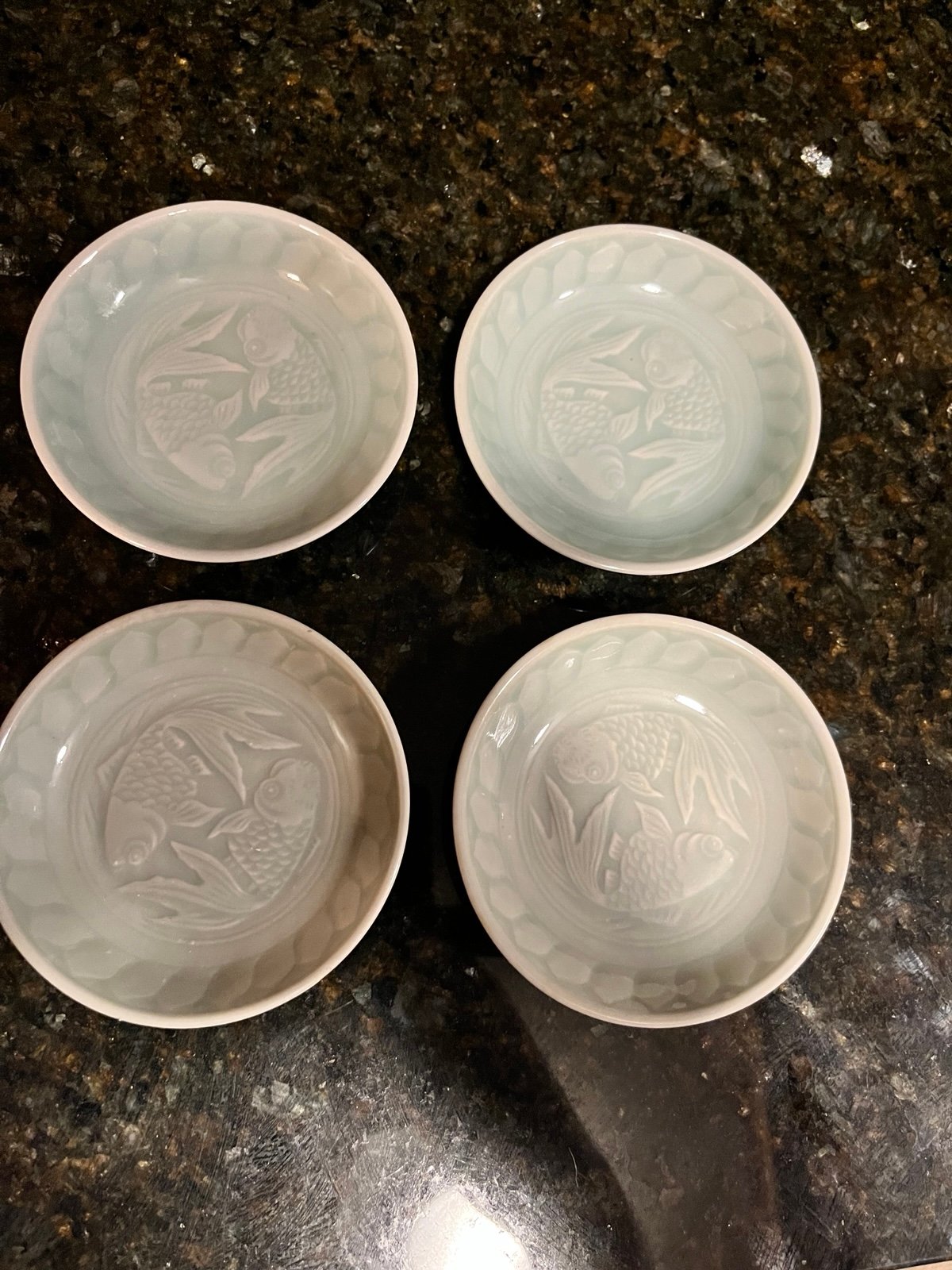 Set Of 4 Vintage Mcm Celadon Goldfish Sauce Dip Bowls 4” W OBO