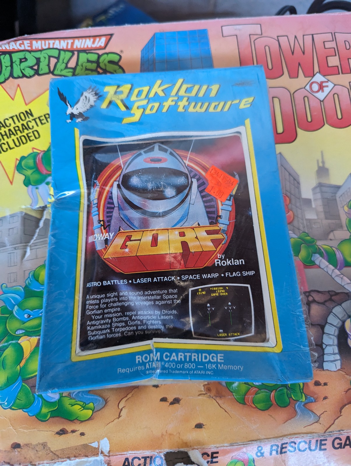 GORF Atari/Roklan 400/800 Cartridge NEW Damaged Box  Still shrink wrapped new, s