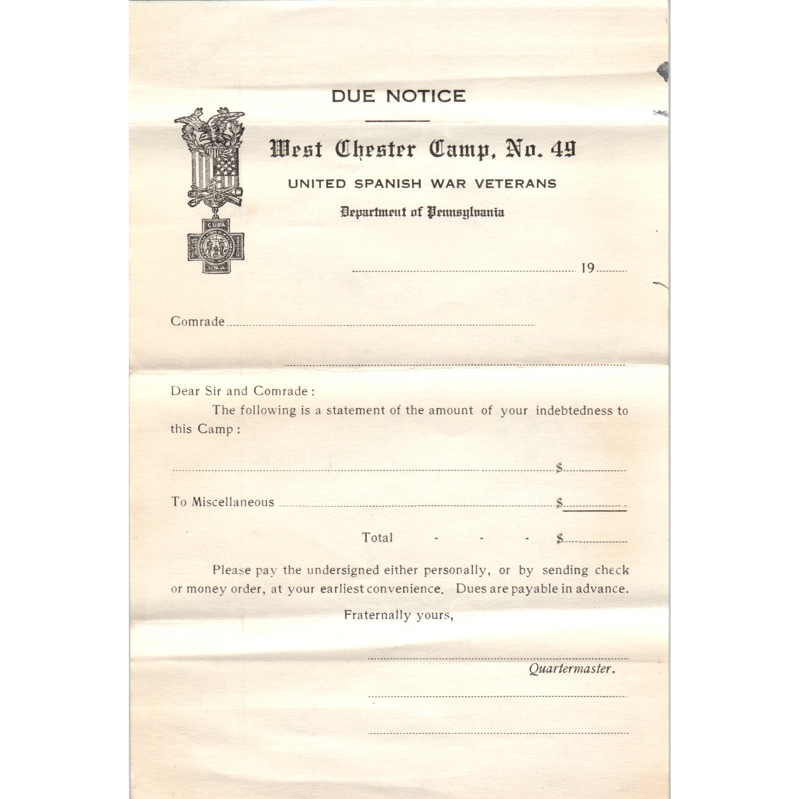 Antique United Spanish War Veterans West Chester Camp 49 Blank Due Notice AB6OD1