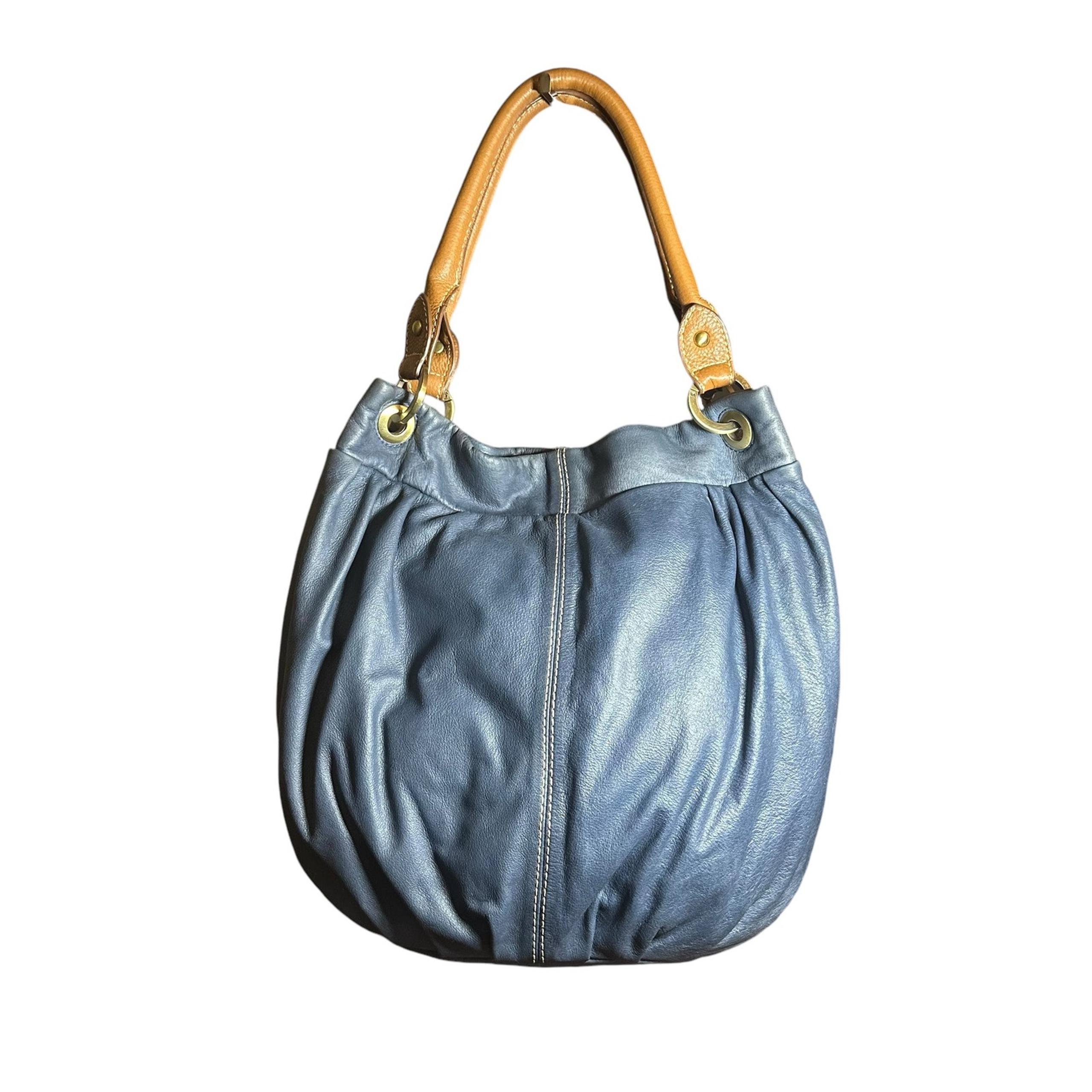 Coldwater Creek Leather Bucket Shoulder Bag Blue with tan handles