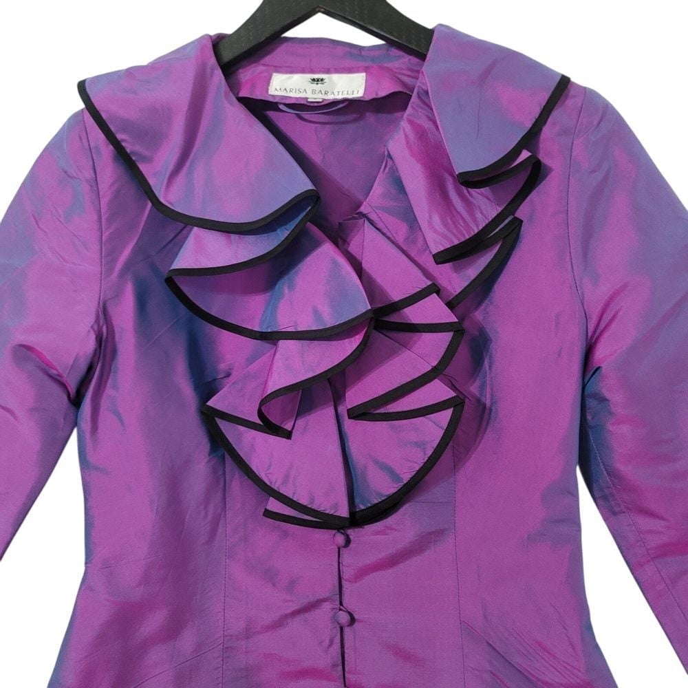 Marisa Baratelli Silk Blouse Size 6 Purple Button Up Ruffle Evening Romantic Top