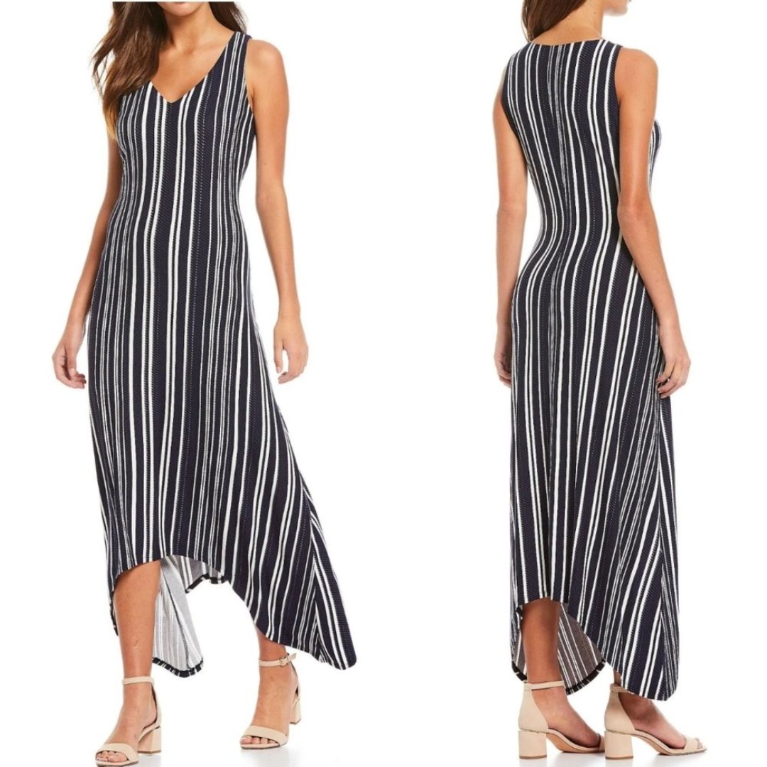 Tommy Bahama Anoche Stripe Blue White Sharkbite Hem Hi Low Midi Maxi Dress Small