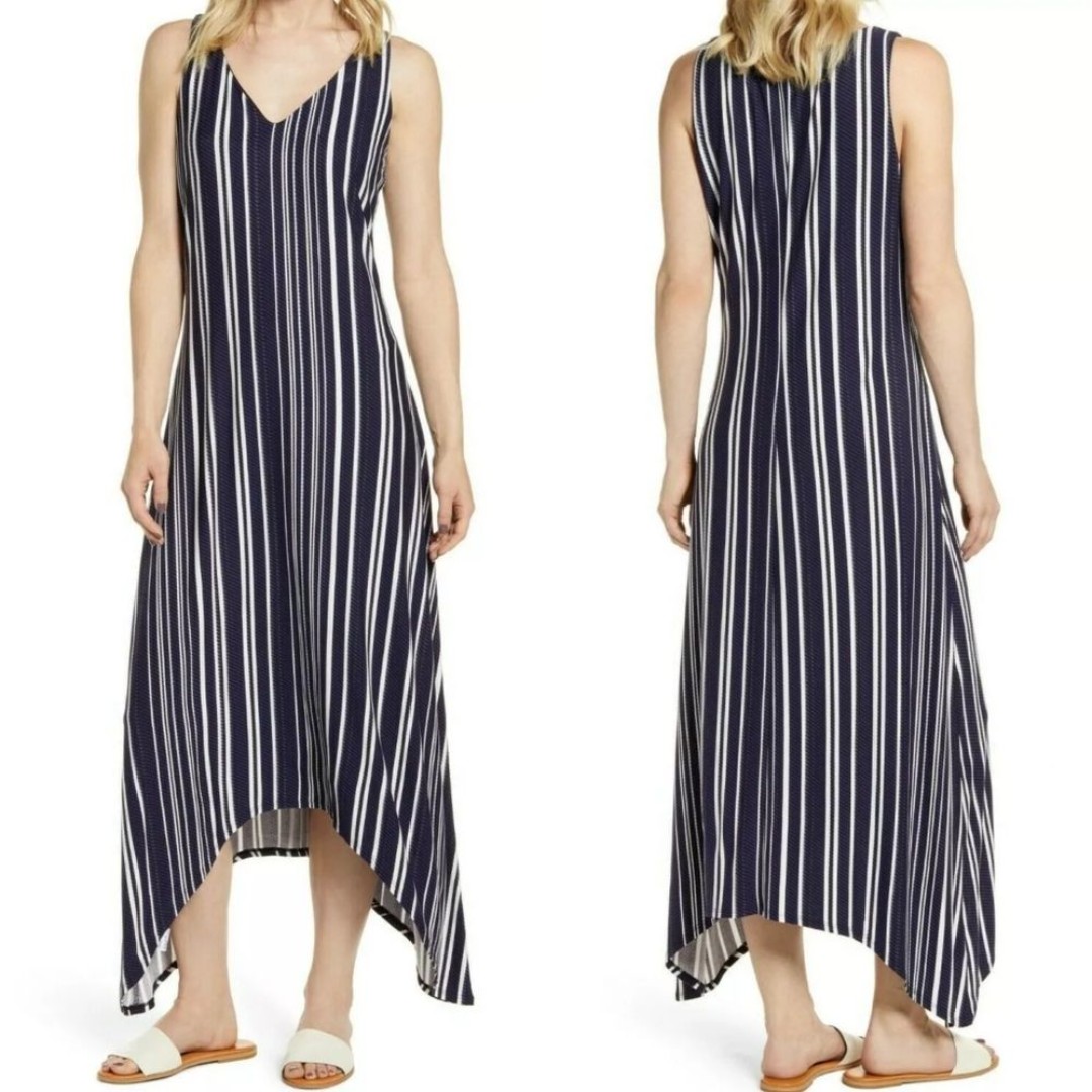 Tommy Bahama Anoche Stripe Blue White Sharkbite Hem Hi Low Midi Maxi Dress Small - detail
